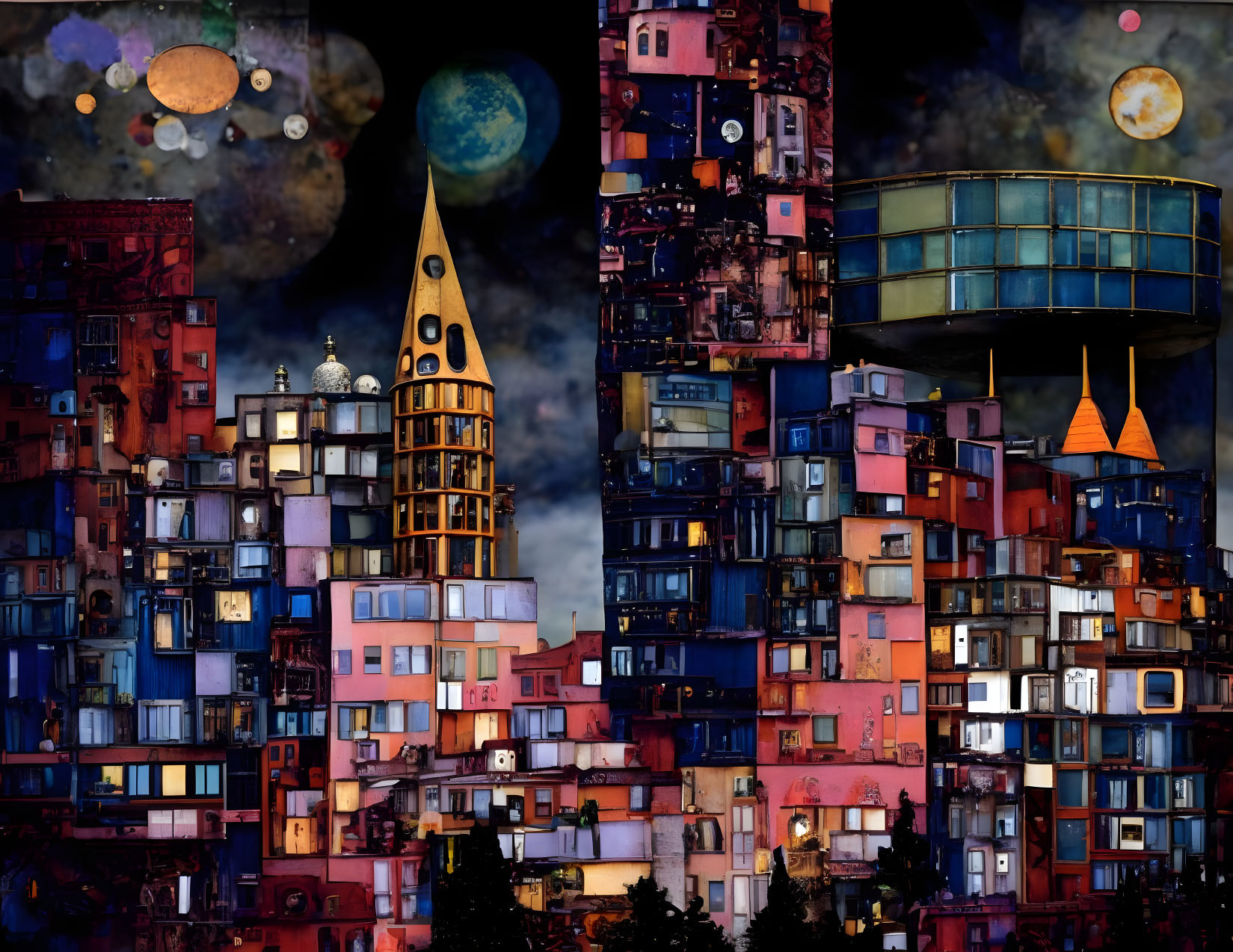 Colorful Collage of Stacked Buildings Under Cosmic Sky