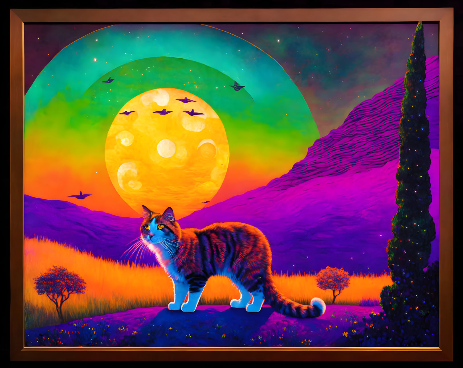 Colorful cat painting with psychedelic moon and surreal landscape