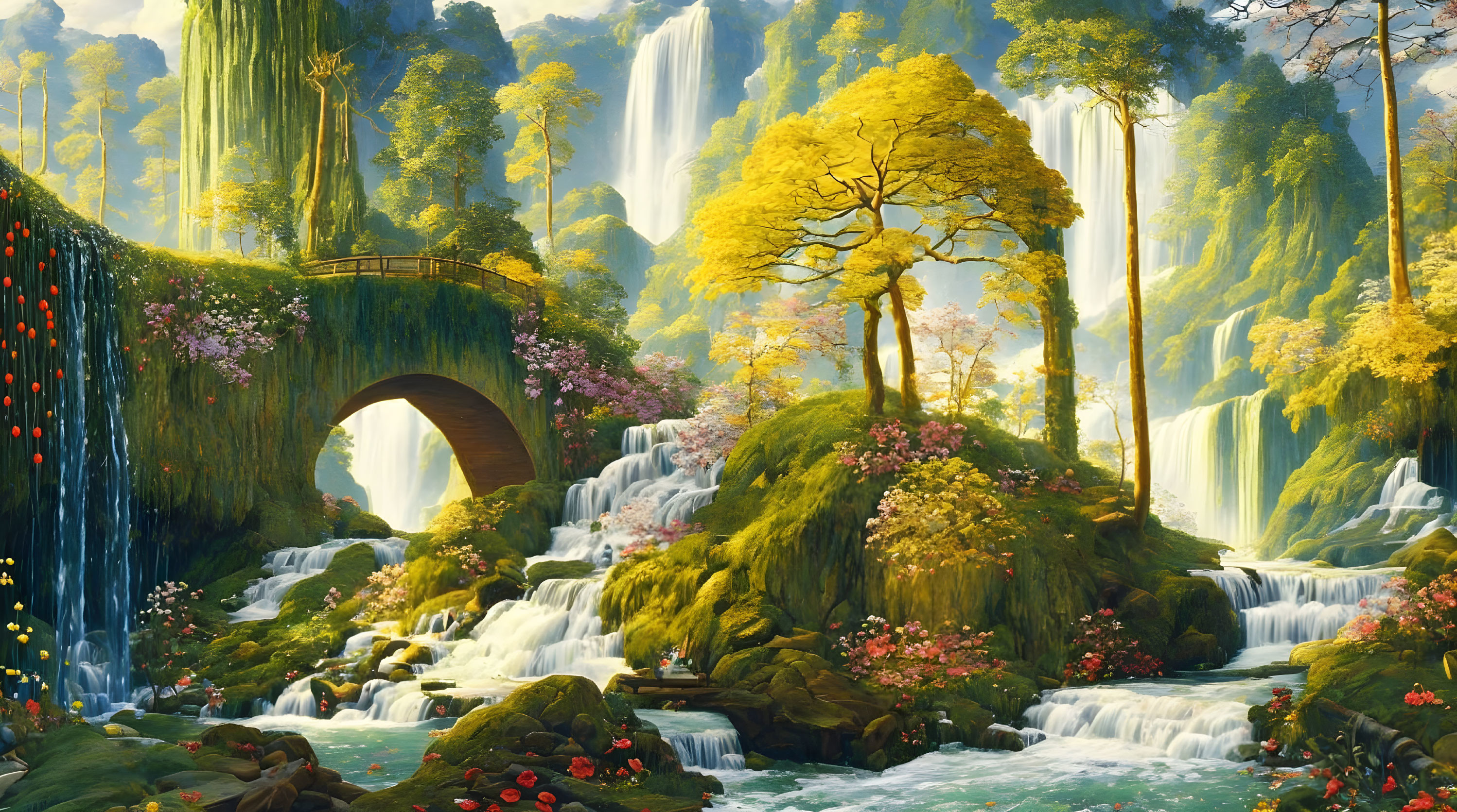 Tranquil forest landscape with waterfalls, stream, lush trees, arch bridge, and colorful flora