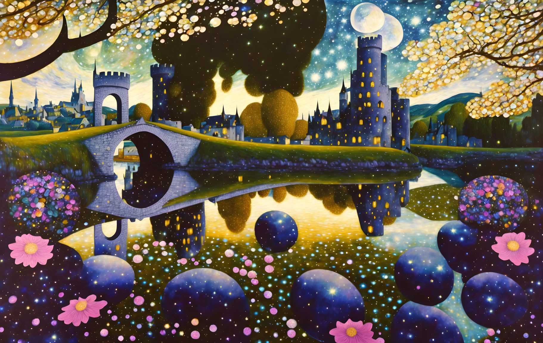 Whimsical landscape with river, floral foreground, castles, bridge, night sky