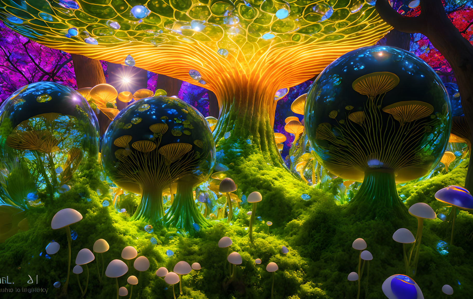 Colorful Fantasy Forest with Glowing Trees and Orbs