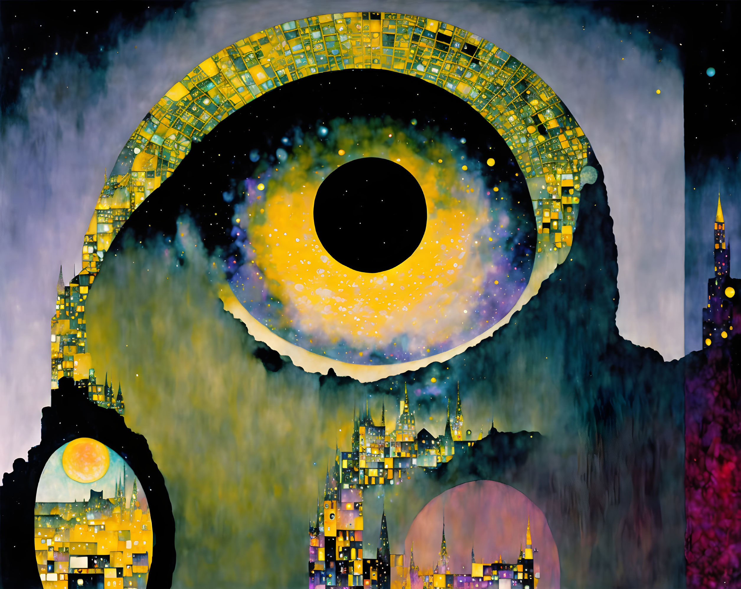 Vibrant cosmic cityscape within circular eye shapes on surreal landscape