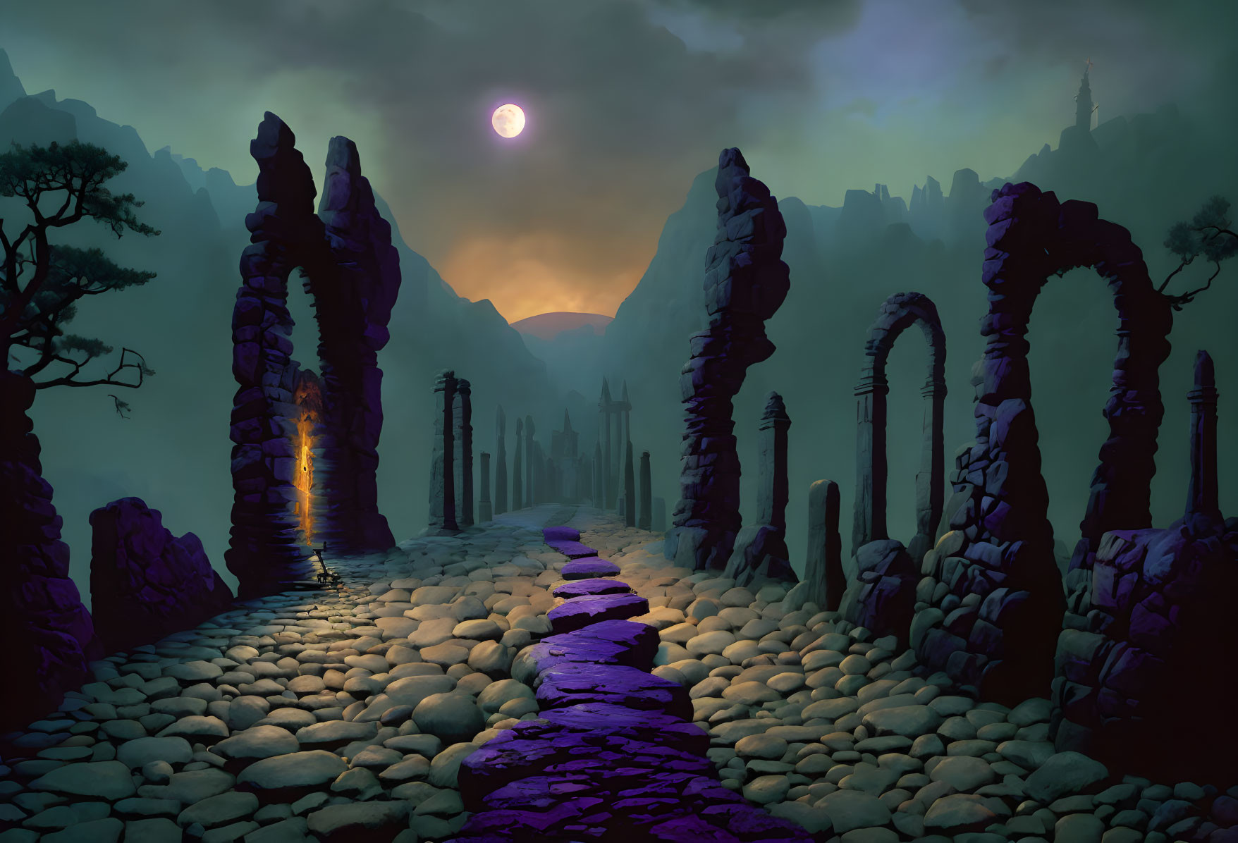 Mysterious cobblestone path through ancient ruins at twilight