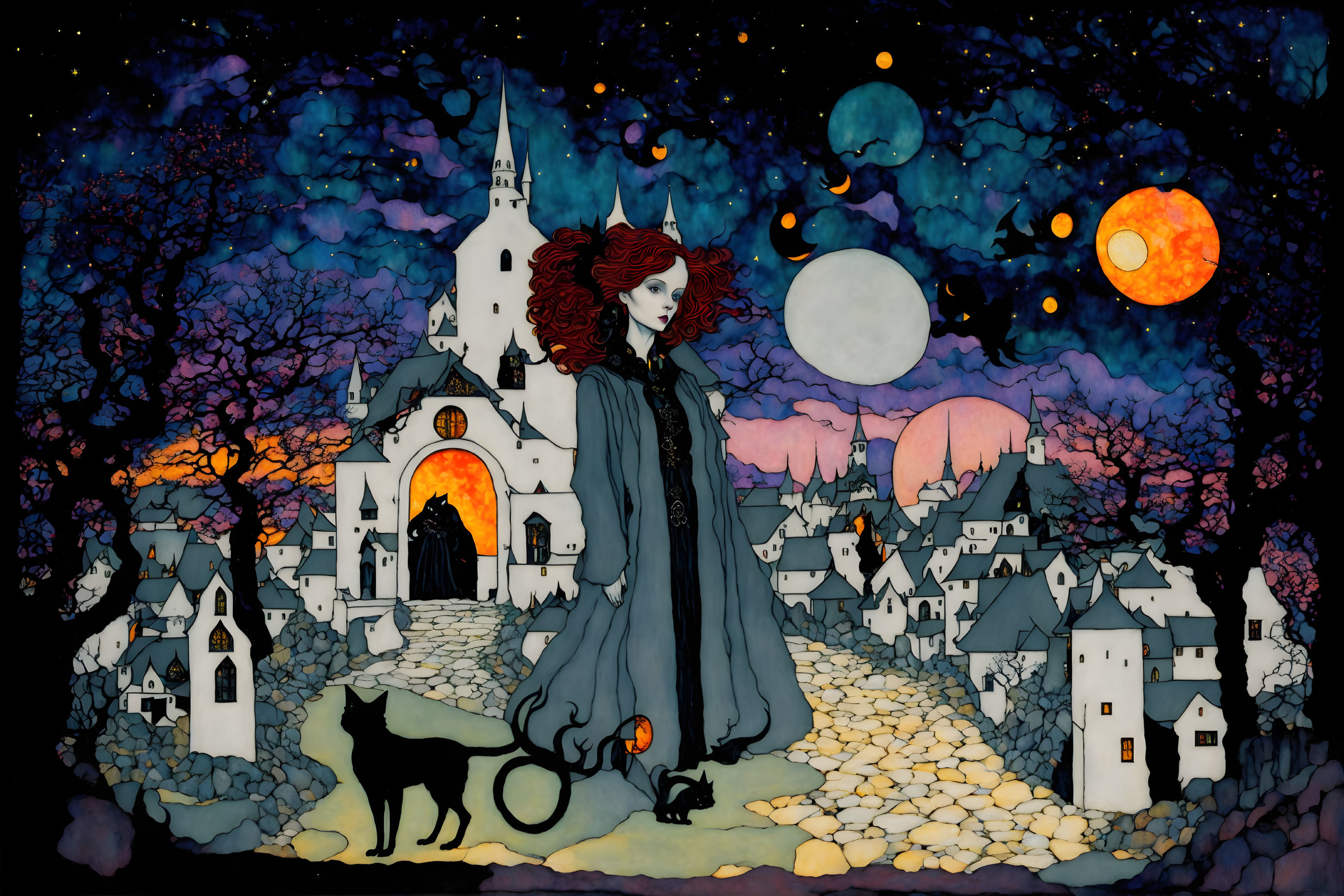 Red-haired woman with black cat near village and castle under celestial sky