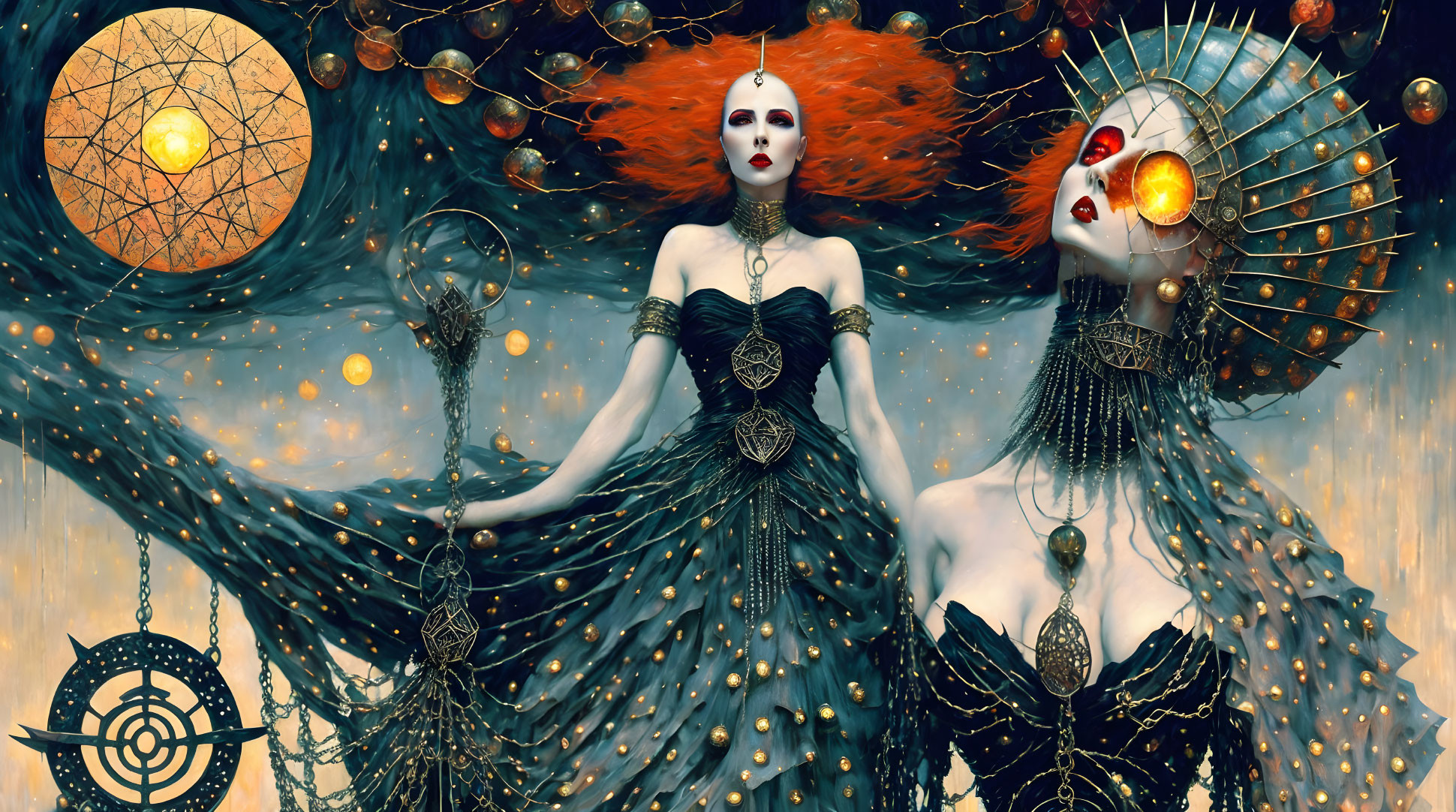 Stylized fantasy women in elaborate dark dresses under a full moon