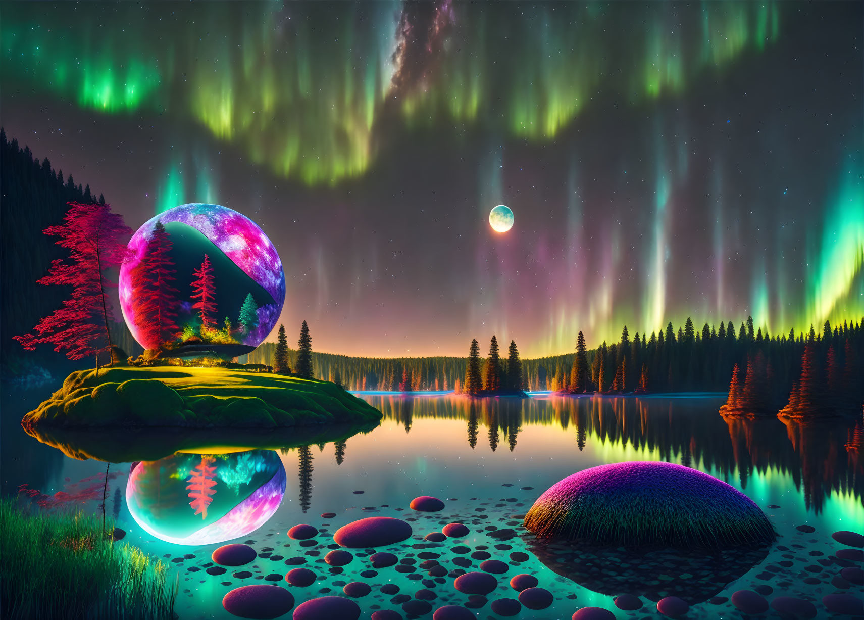 Colorful aurora borealis over serene lake with crystal orb and floating islands