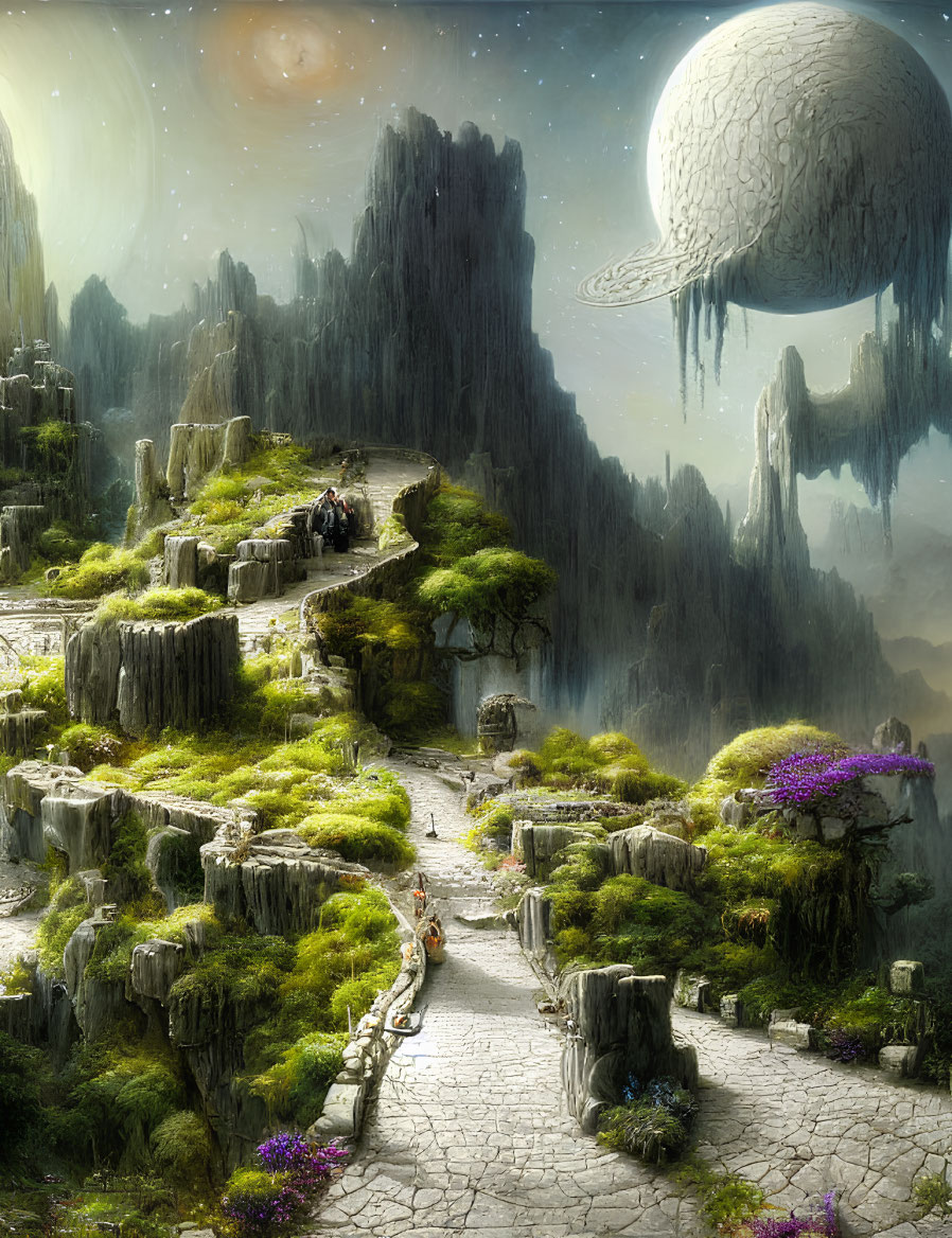 Fantasy landscape with rock formations, greenery, figures, and large moon.