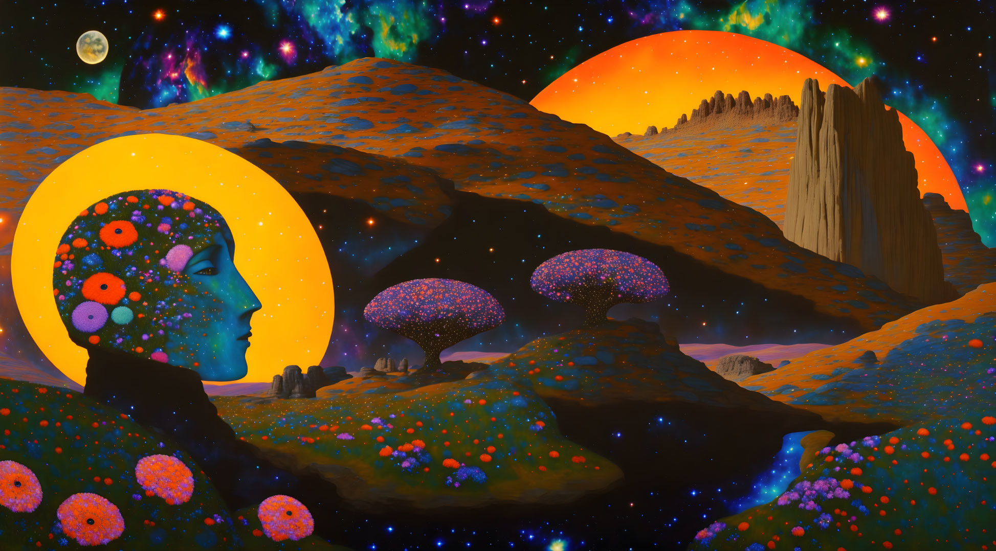 Colorful cosmic landscape with human head silhouette and celestial elements