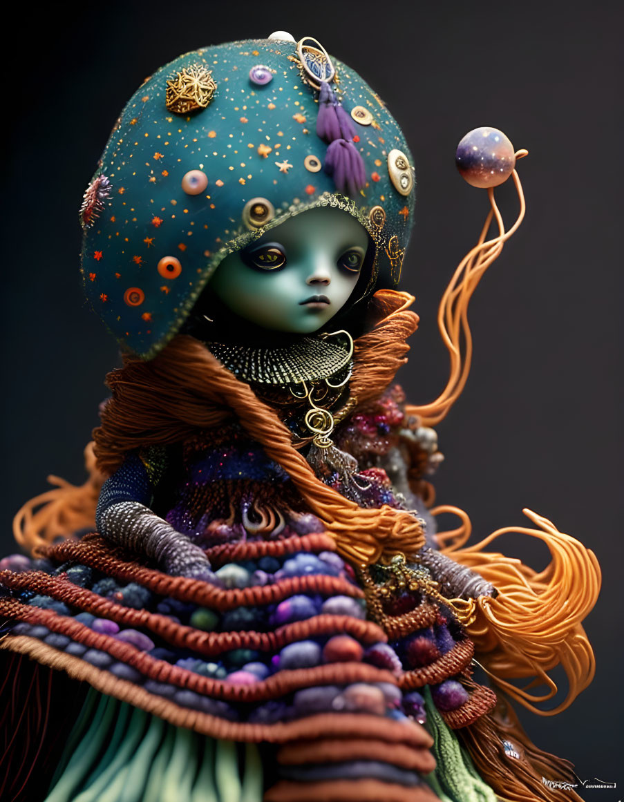 Celestial-themed figure with intricate jewelry gazing at small planet orb