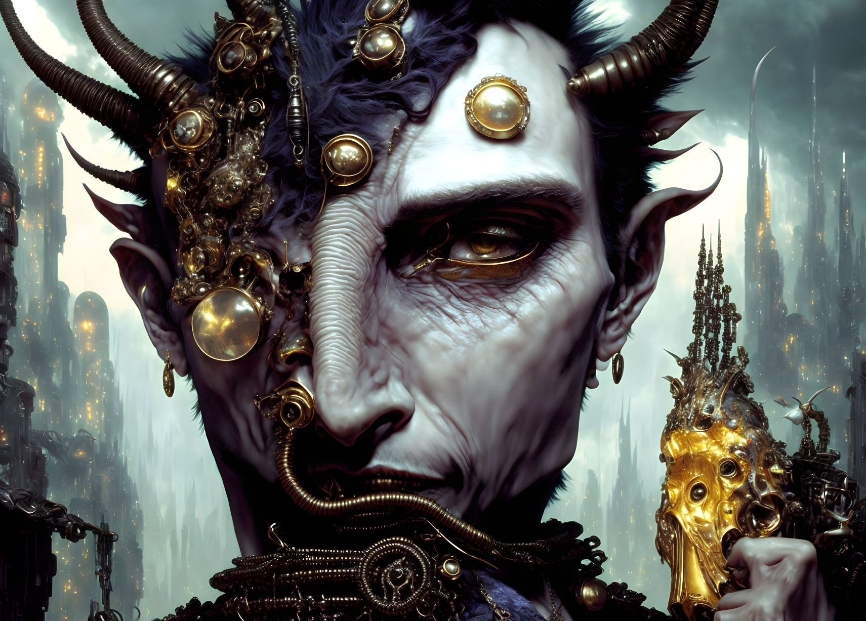 Regal fantasy creature with horns and gold adornments in eerie setting