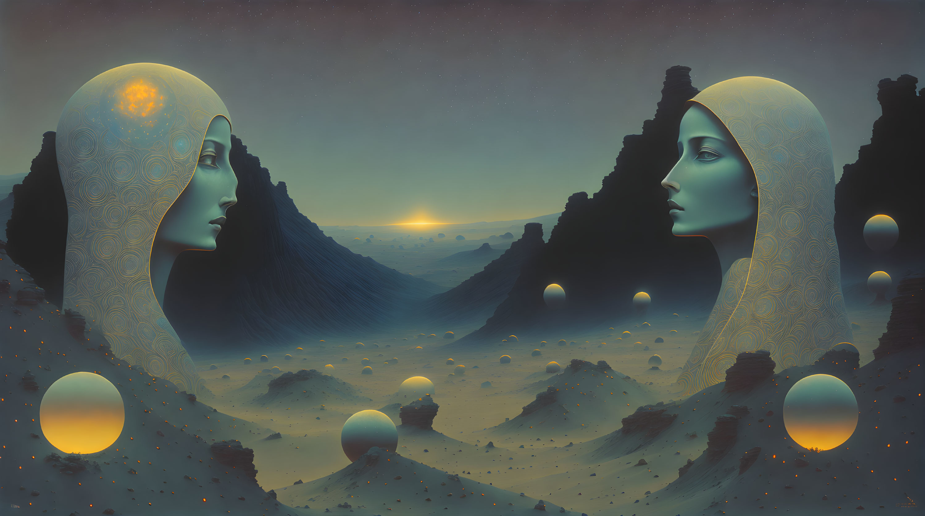 Surreal artwork: Mirrored face profiles, elongated necks, desert landscape, floating orbs