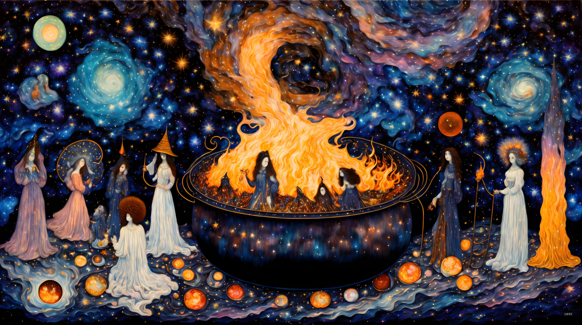 Mystical figures in robes around giant cauldron amidst cosmic backdrop