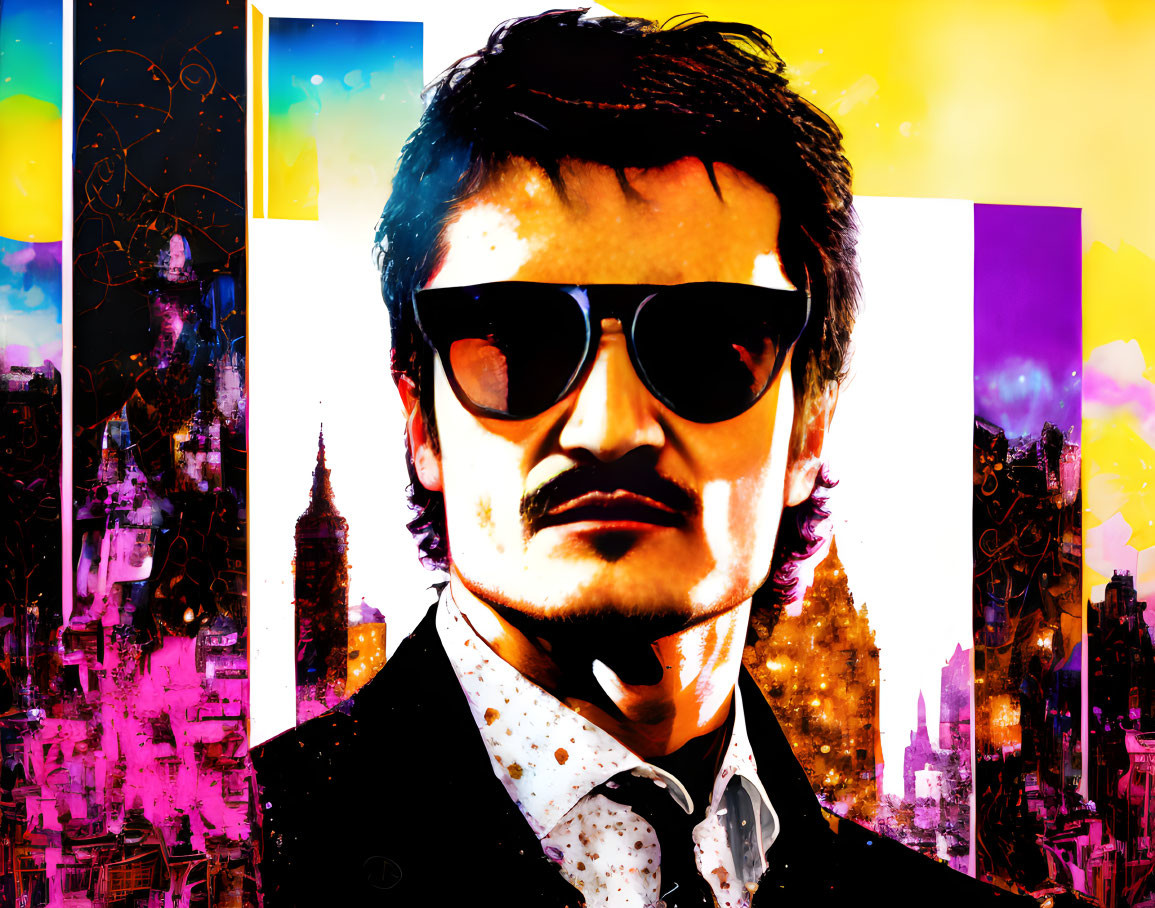 Colorful Stylized Portrait of Man with Sunglasses in Abstract Urban Setting