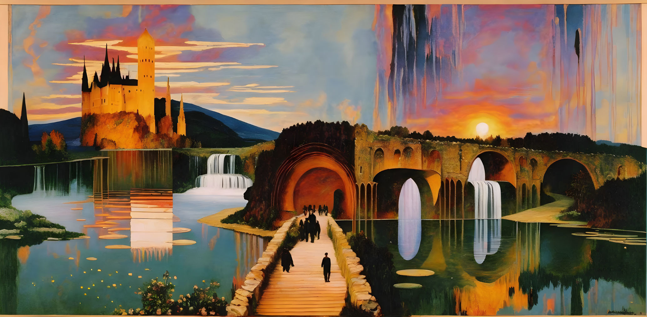 Surreal landscape with castle, bridge, waterfalls, and vibrant sunset