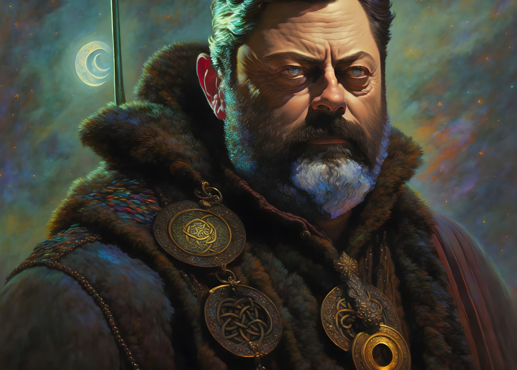 Bearded man in fur clothing with medallions against cosmic backdrop