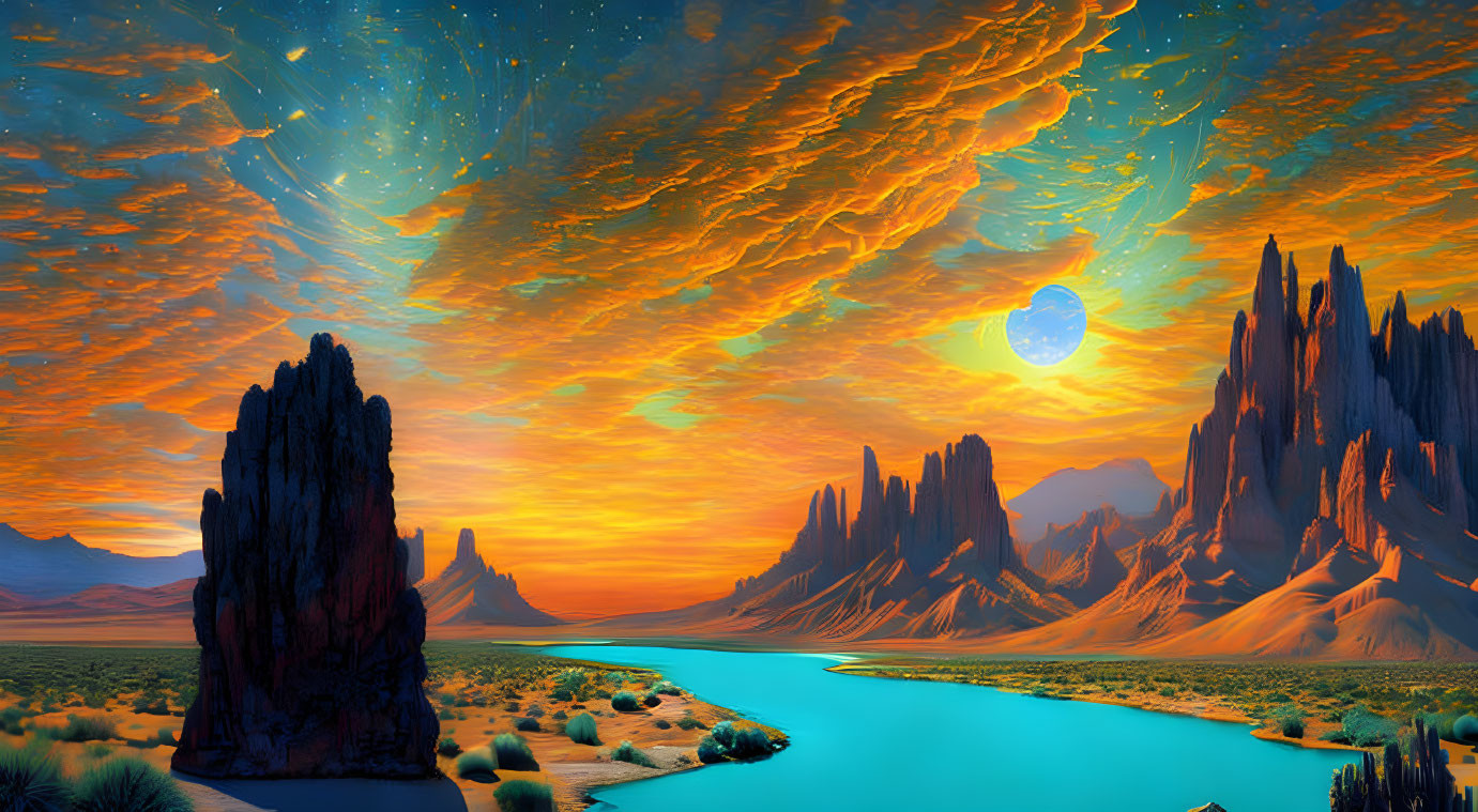 Sci-fi landscape with blue river, jagged mountains, orange sky, stars, and glowing celestial body