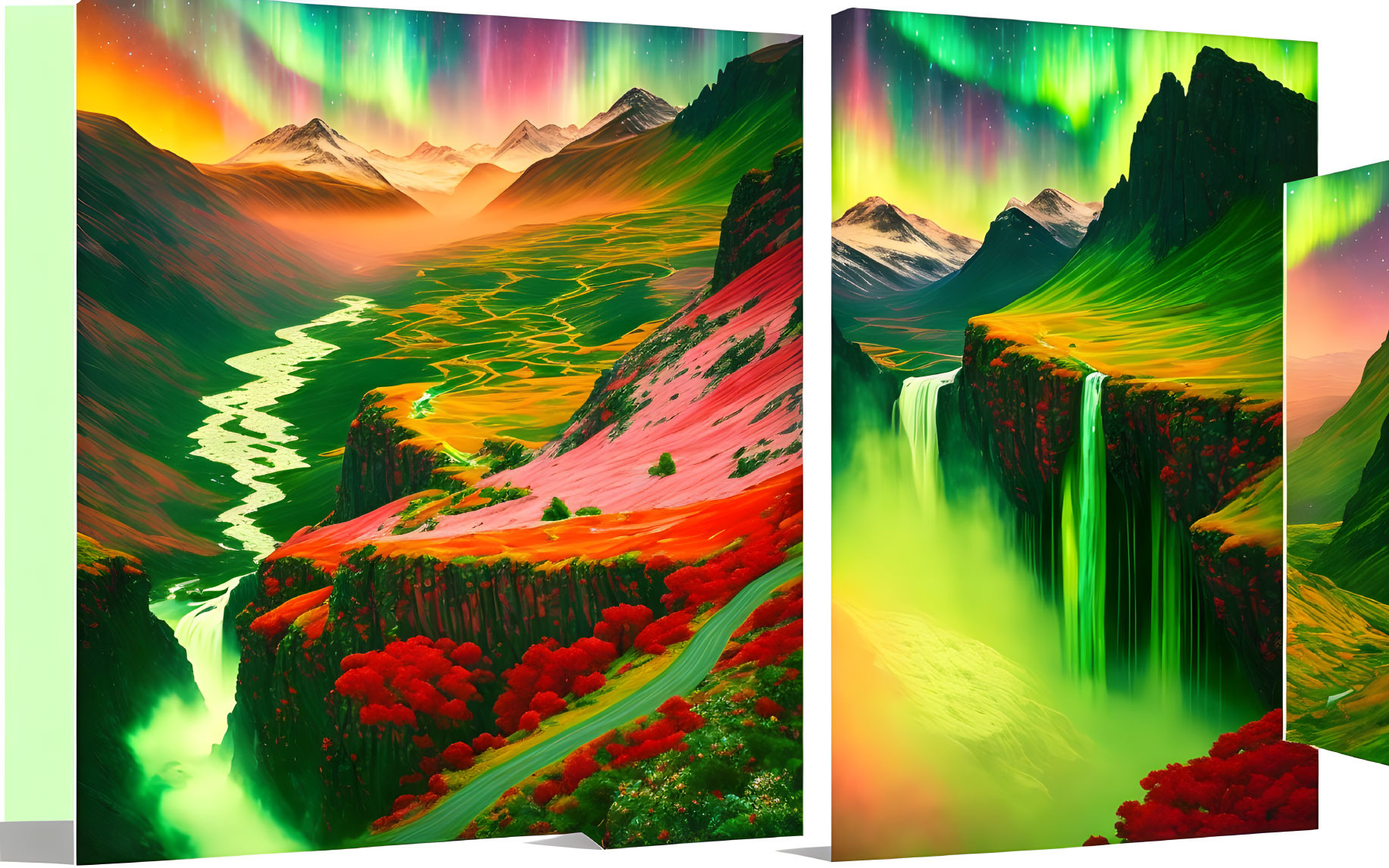 Surreal landscape with northern lights, river, waterfalls & colorful vegetation