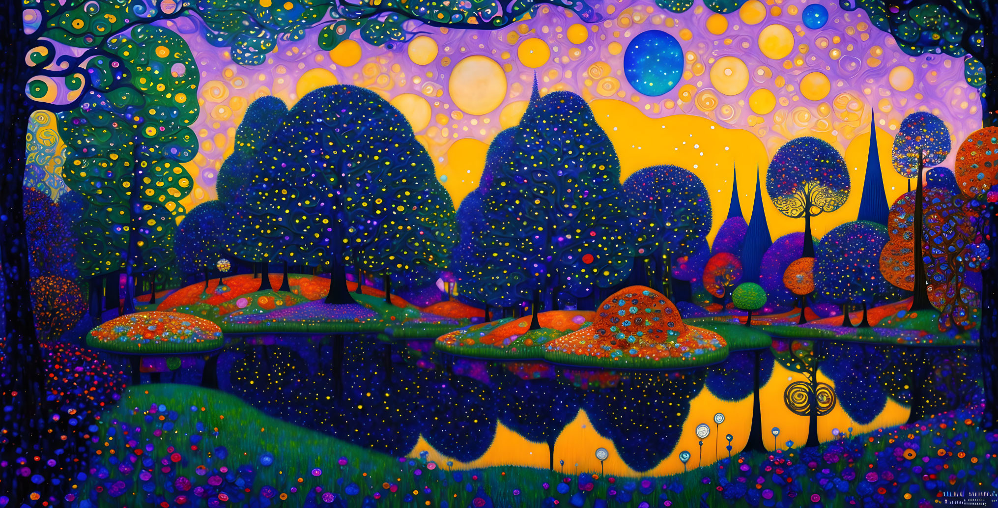 Whimsical landscape painting with stylized trees and colorful patterns