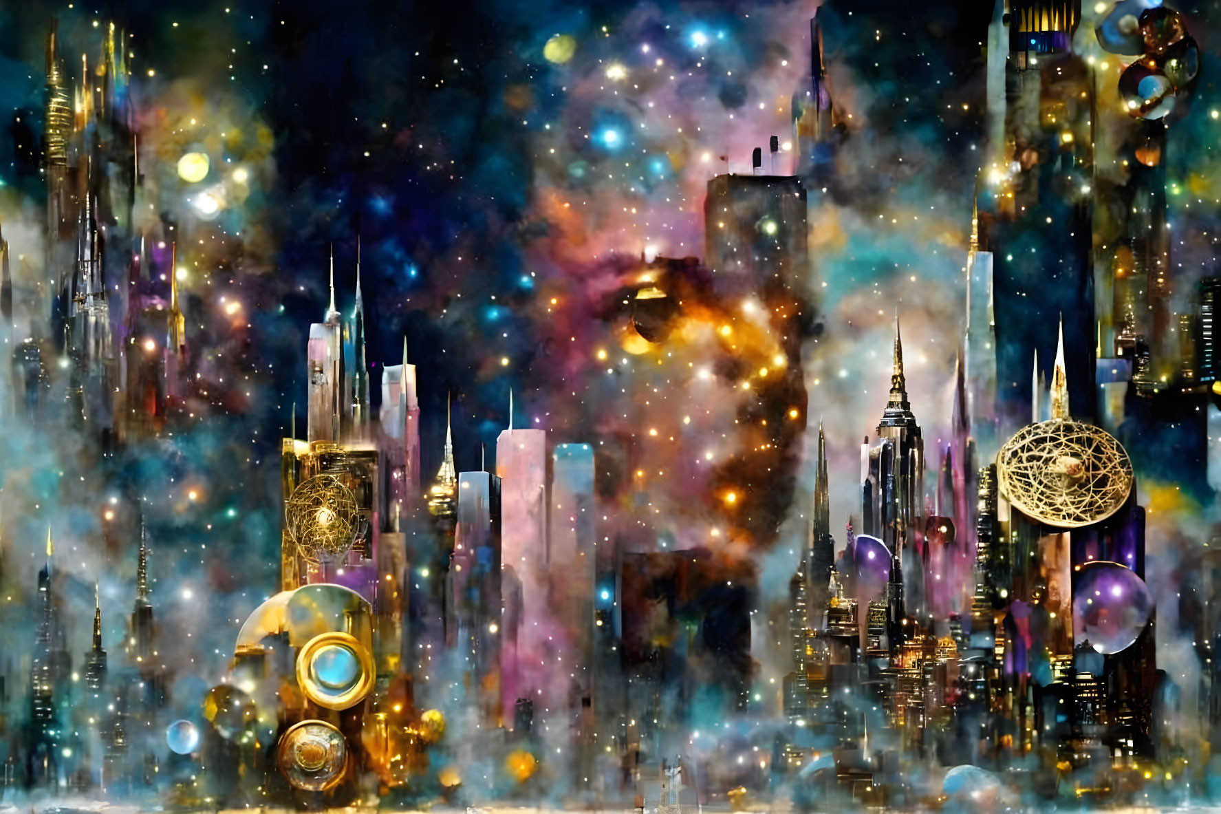 Futuristic city digital artwork with skyscrapers and cosmic sky