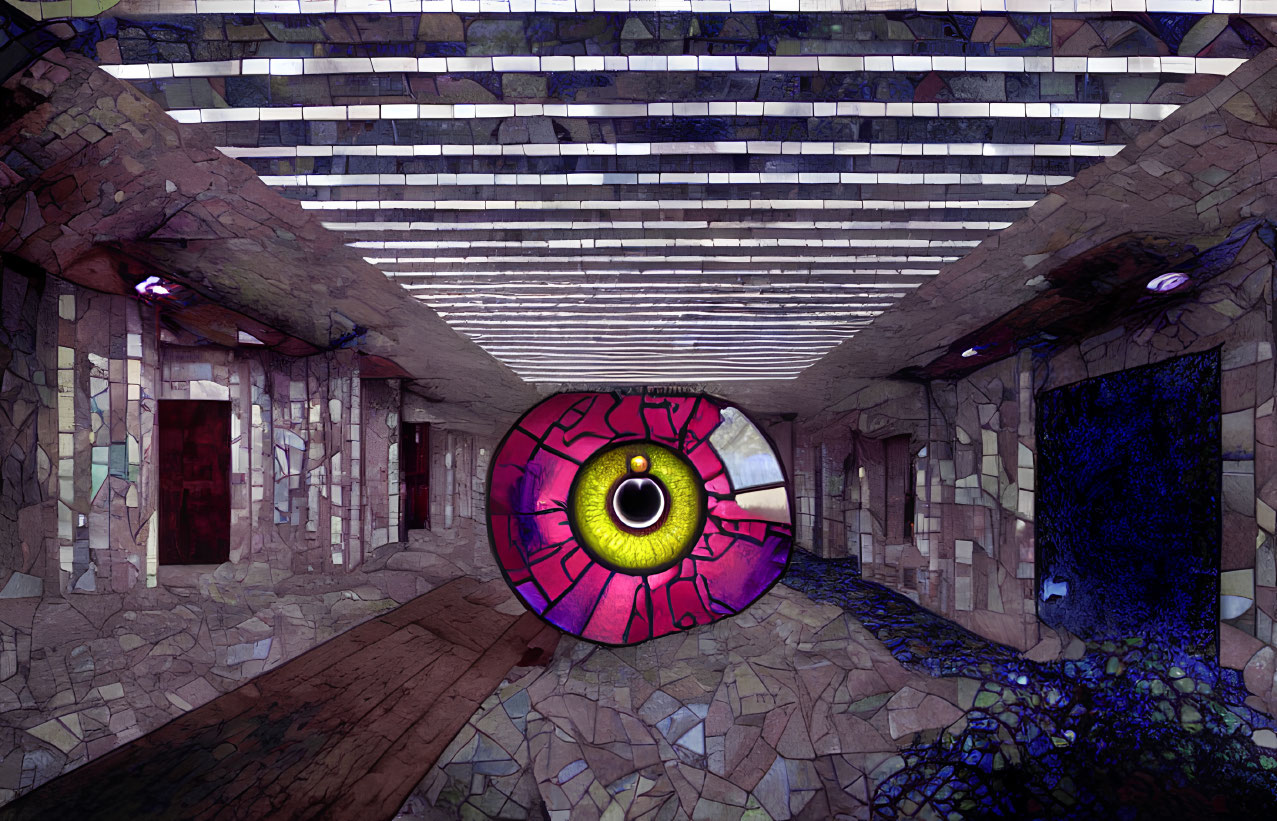 Mosaic Walls and Giant Eye in Eerie Indoor Space