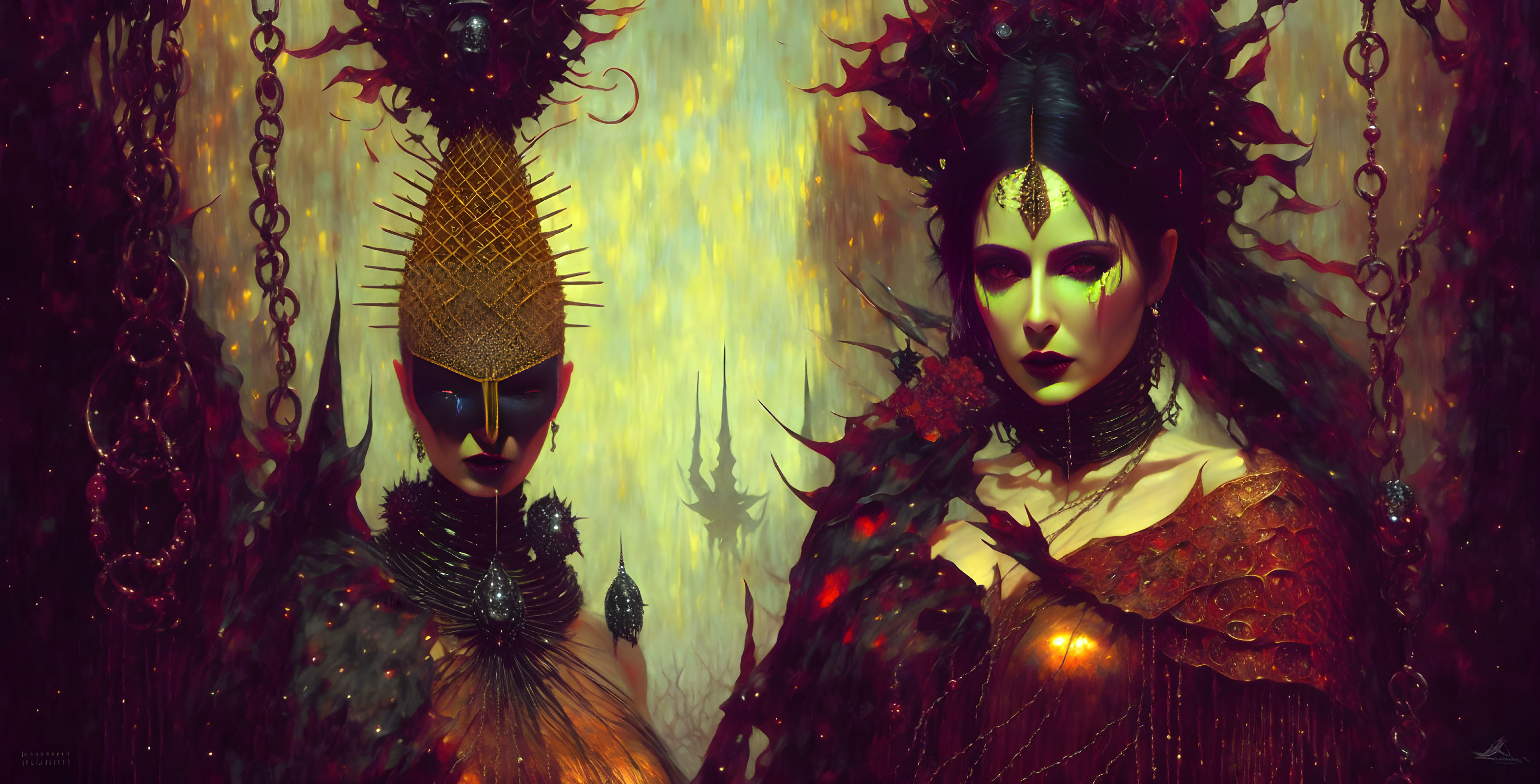 Regal fantasy figures in golden headpieces and dark red attire against ethereal backdrop