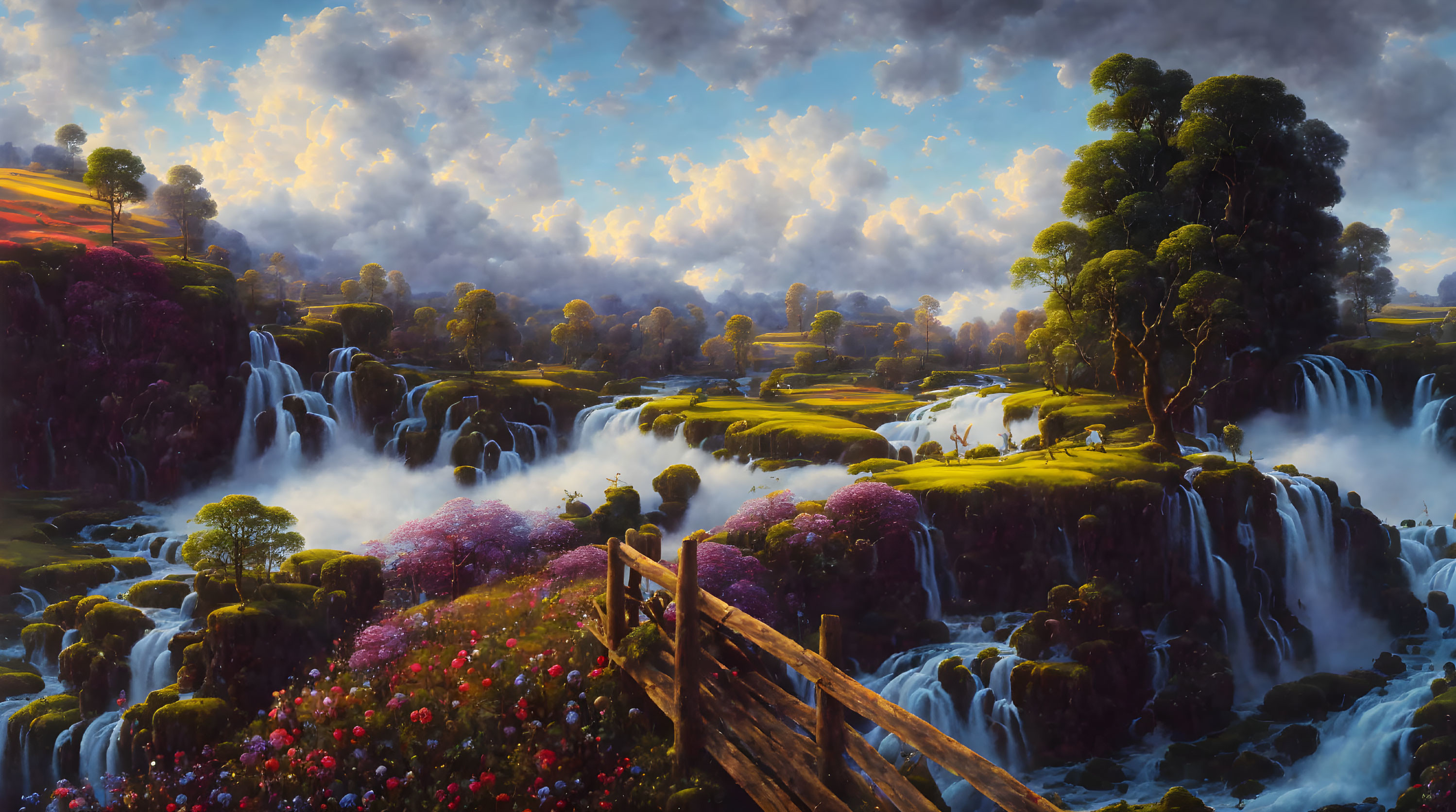 Scenic landscape with waterfalls, greenery, flowers, and dramatic sky
