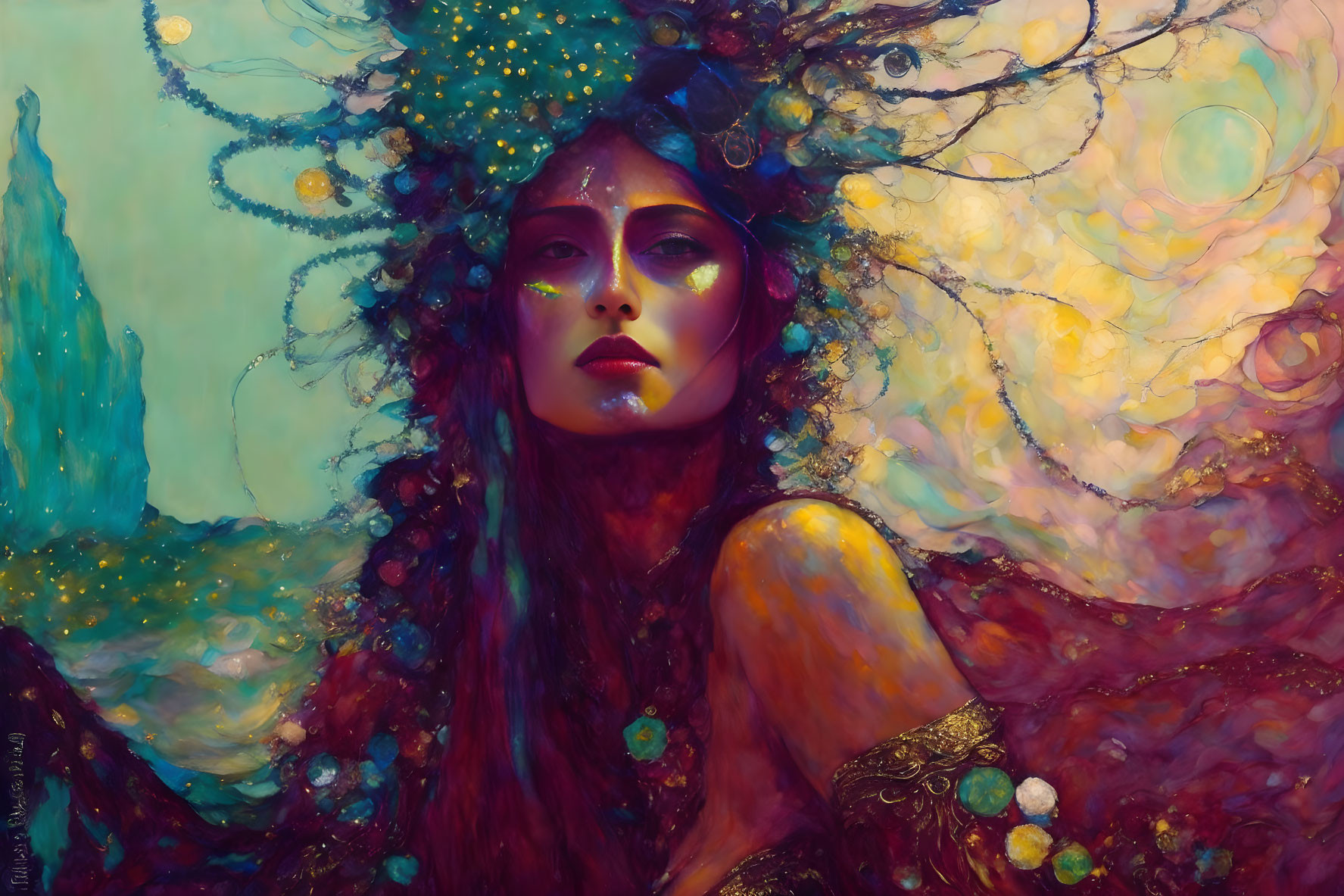 Ethereal portrait of woman with nature-inspired headdress on vibrant background