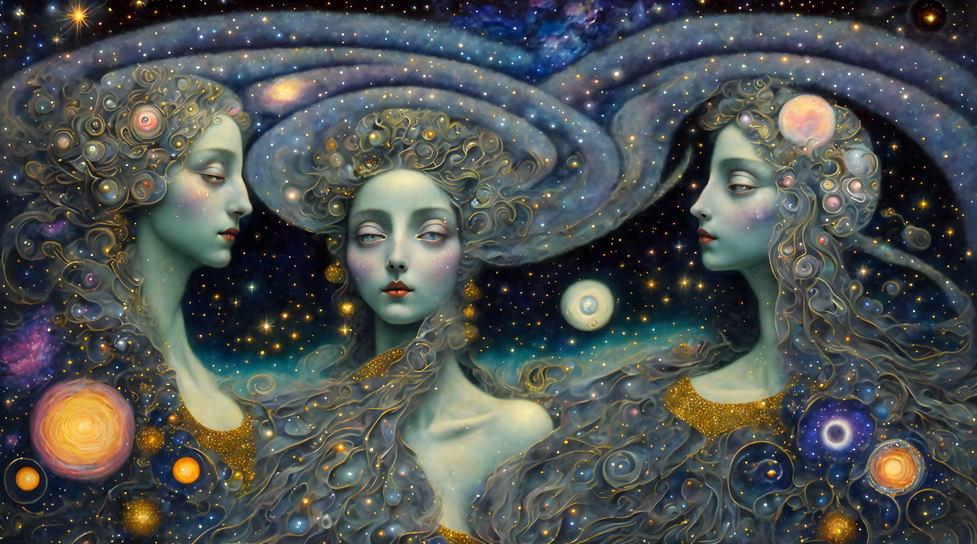 Fantasy Artwork: Three Ethereal Women in Cosmic Galaxy