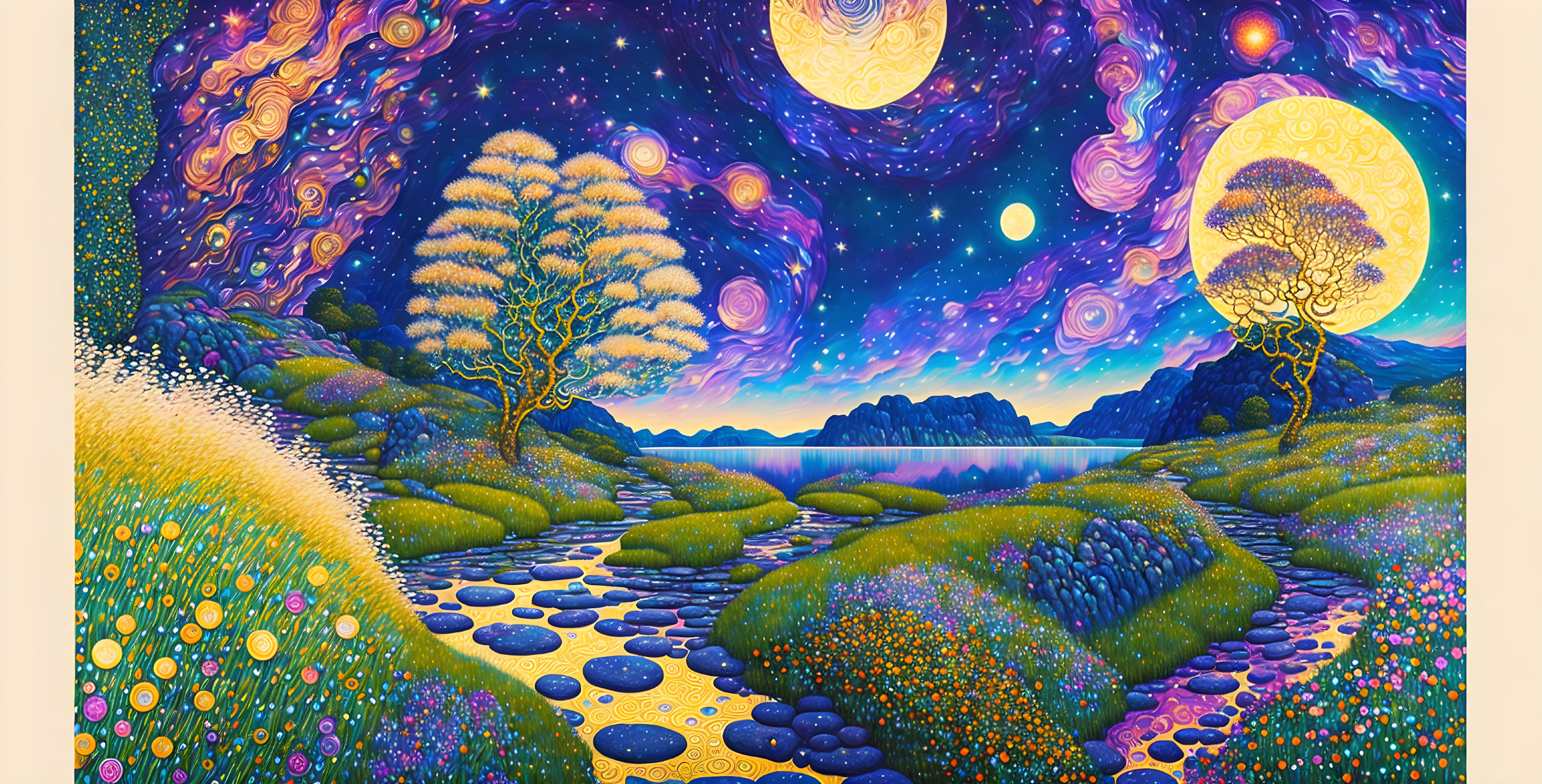 Colorful landscape with starry sky, galaxies, trees, and lake