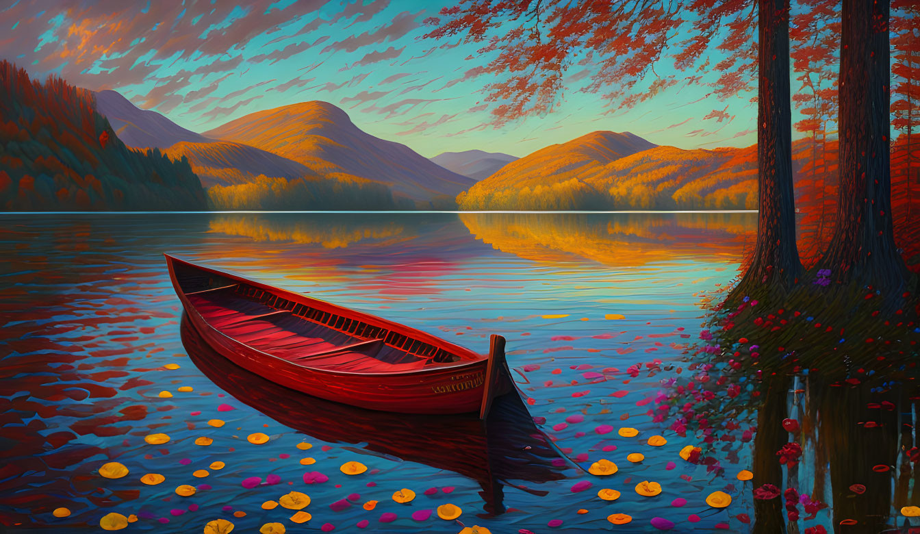 Scenic painting of red canoe on autumn lake shore