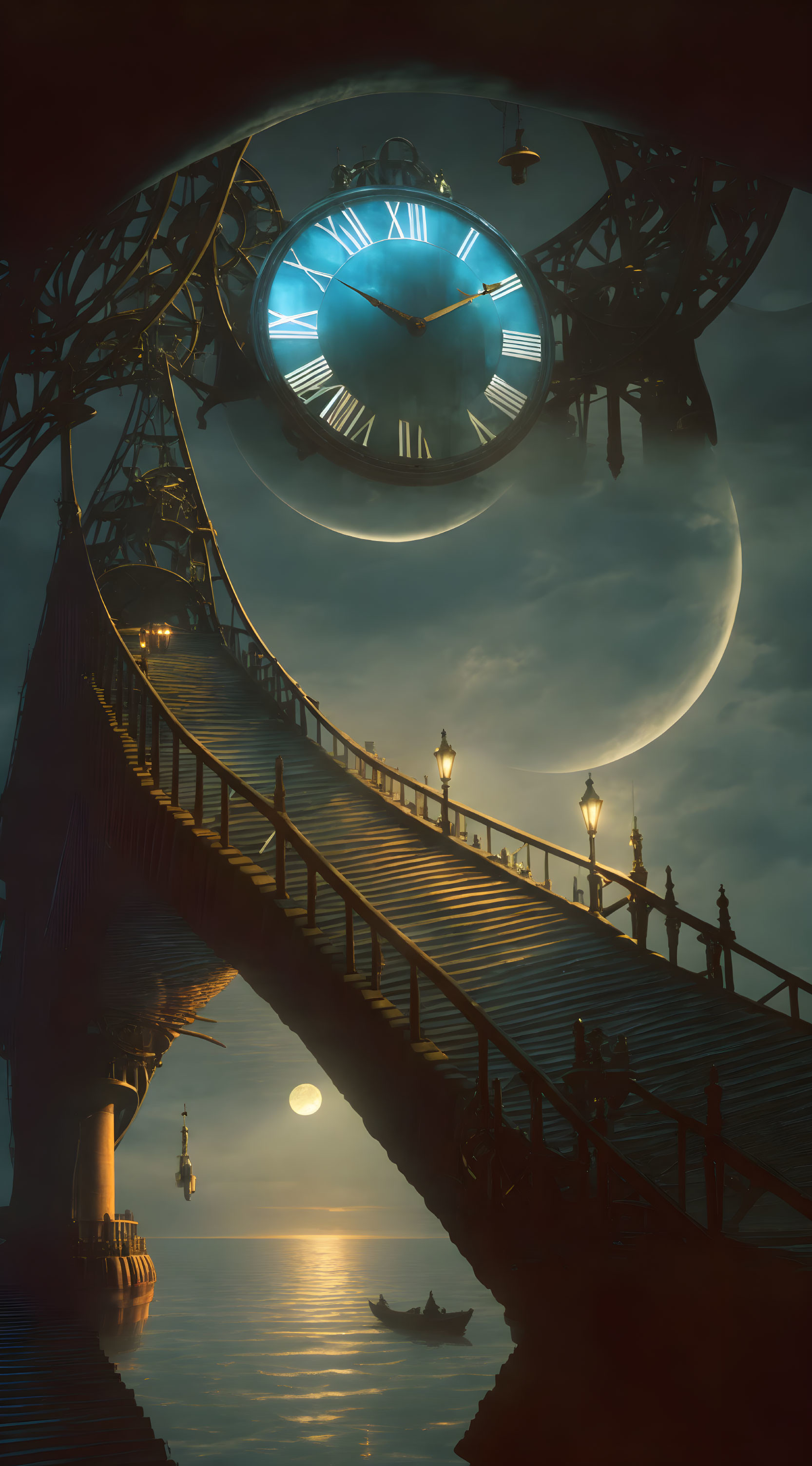 Moonlit bridge with street lamps, ornate clock, boat, and crescent moon in the sky