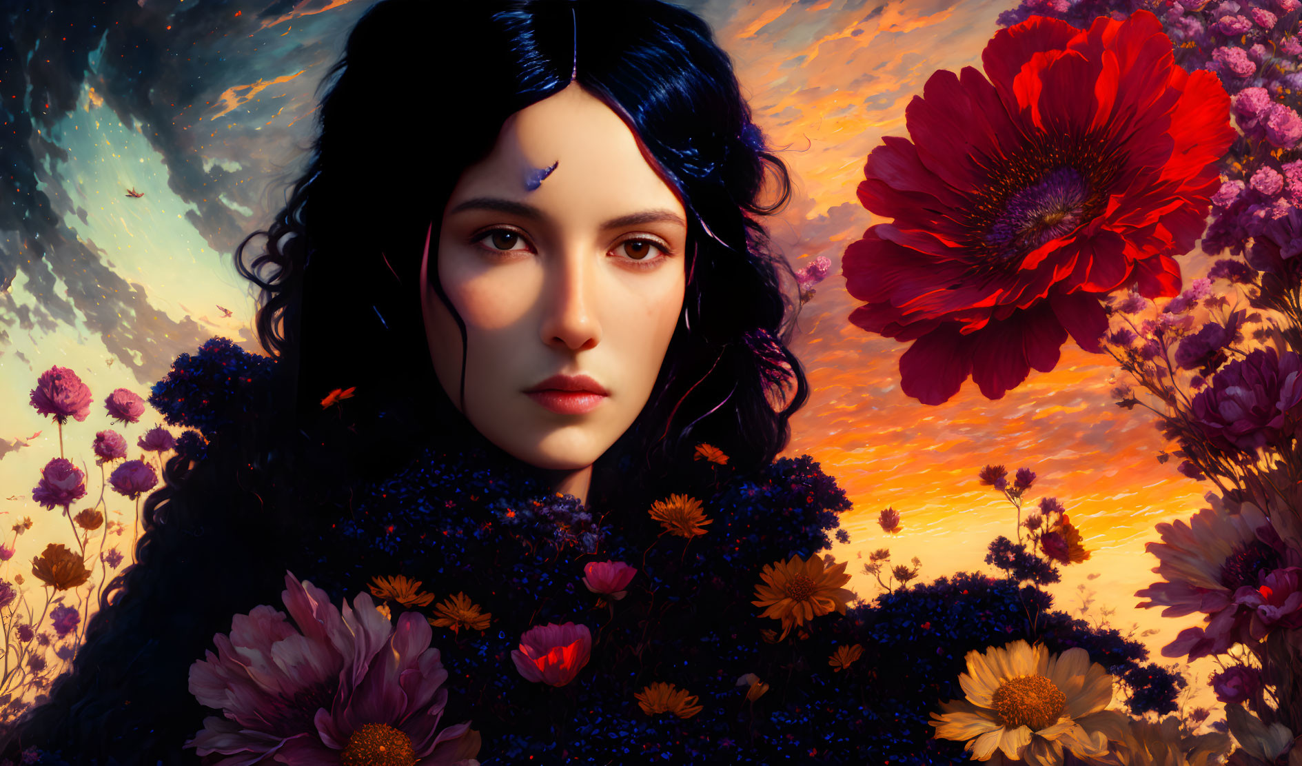 Dark-haired woman surrounded by vibrant flowers in cosmic setting