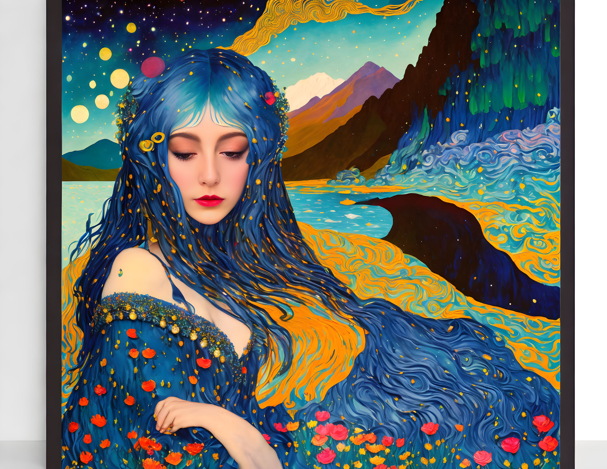 Blue-haired woman blending into Van Gogh-style landscape art
