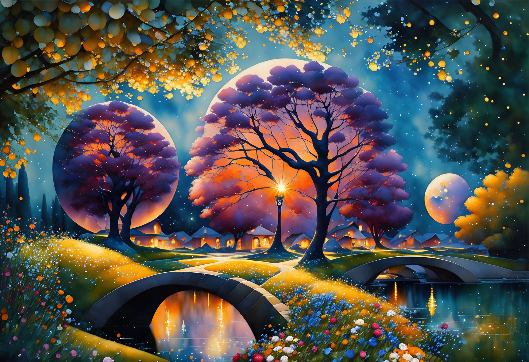 Vibrant nighttime artwork: luminous trees, starry sky, stone bridges, reflective river,