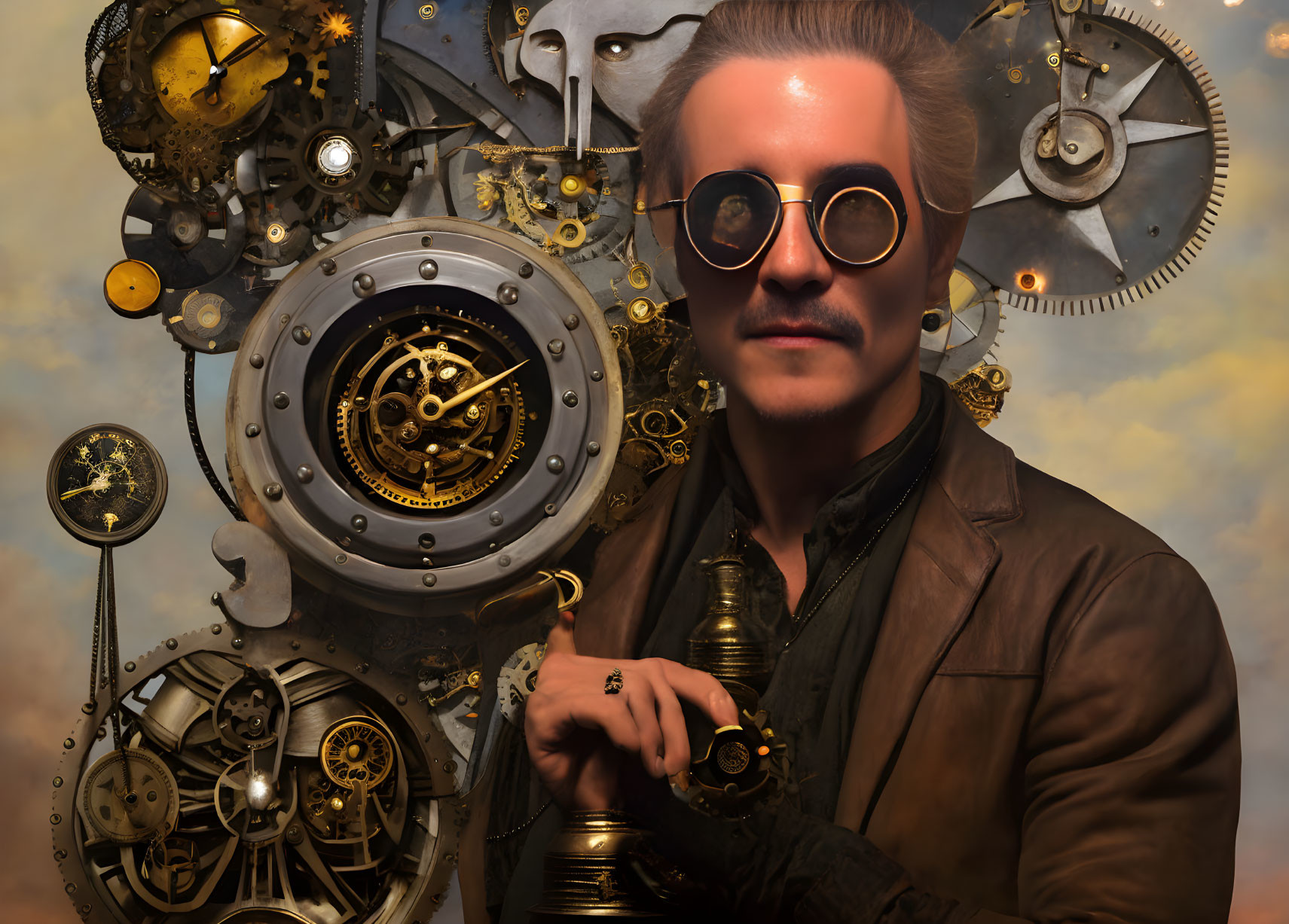 Man with mustache and round glasses in steampunk setting with pocket watch.
