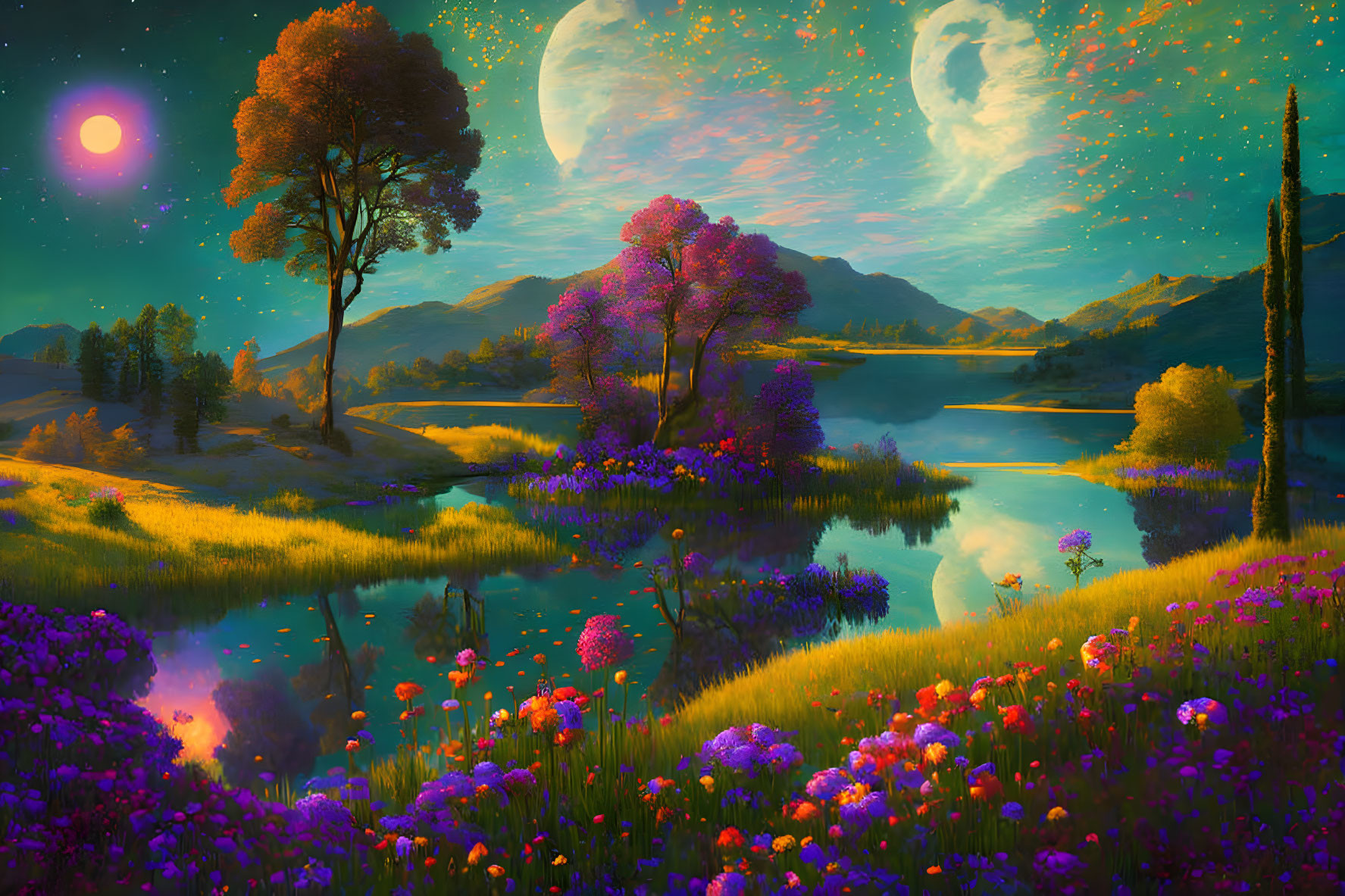Colorful fantasy landscape: glowing sunset, large moon, serene lake, starry sky