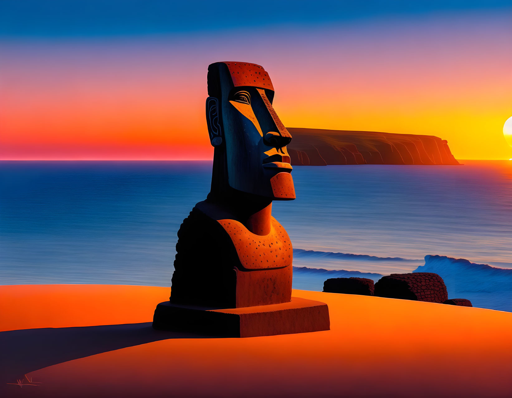 Illustration of Easter Island Moai statue at sunset with vibrant orange sand, blue ocean, and cliff