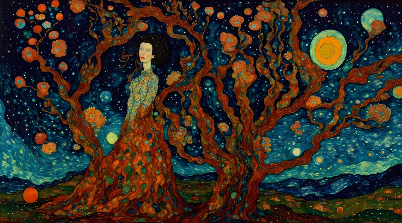 Woman with tree-like features under starry sky and ocean waves.