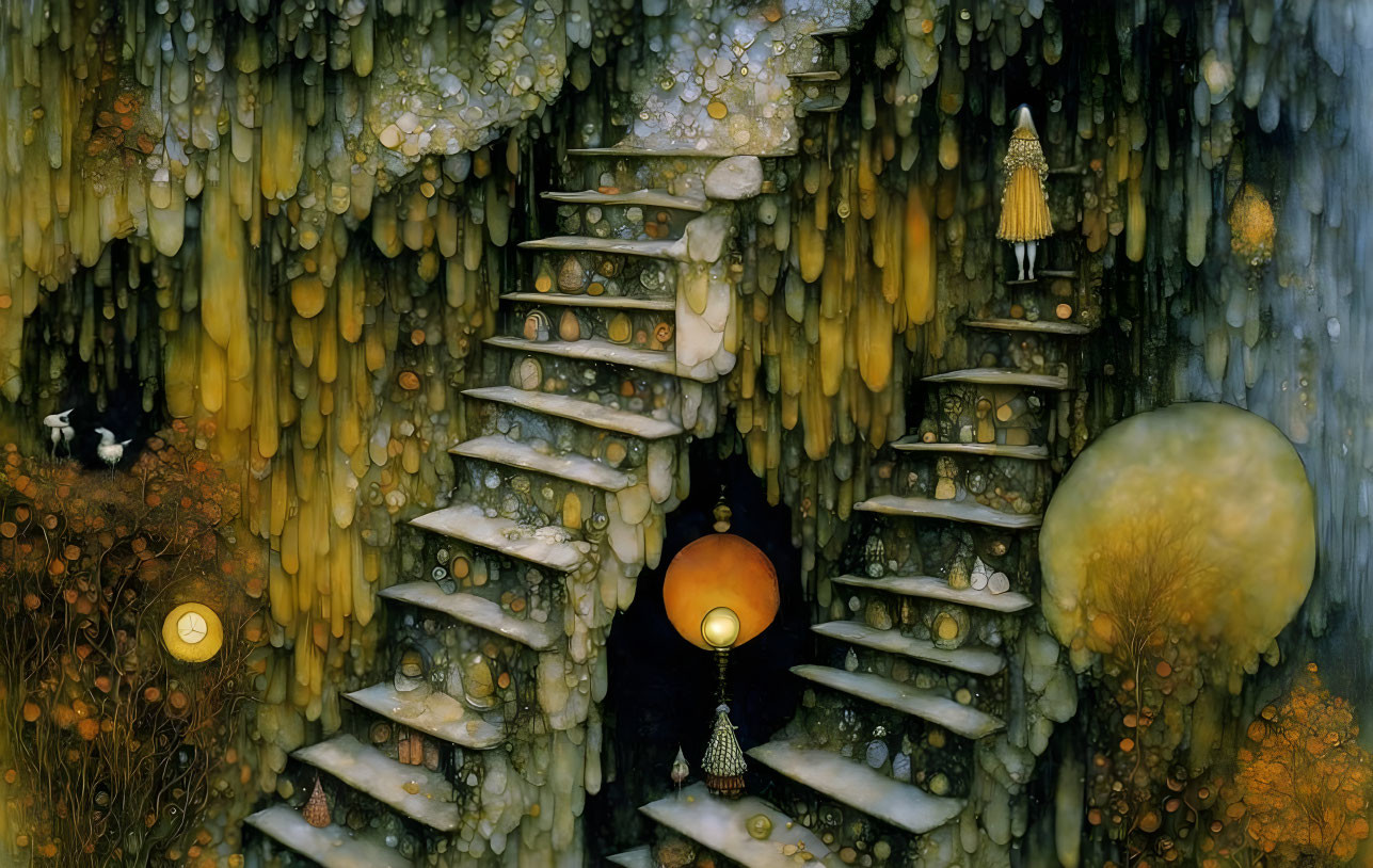 Lantern-lit staircase in overgrown cavern with bird-like creature