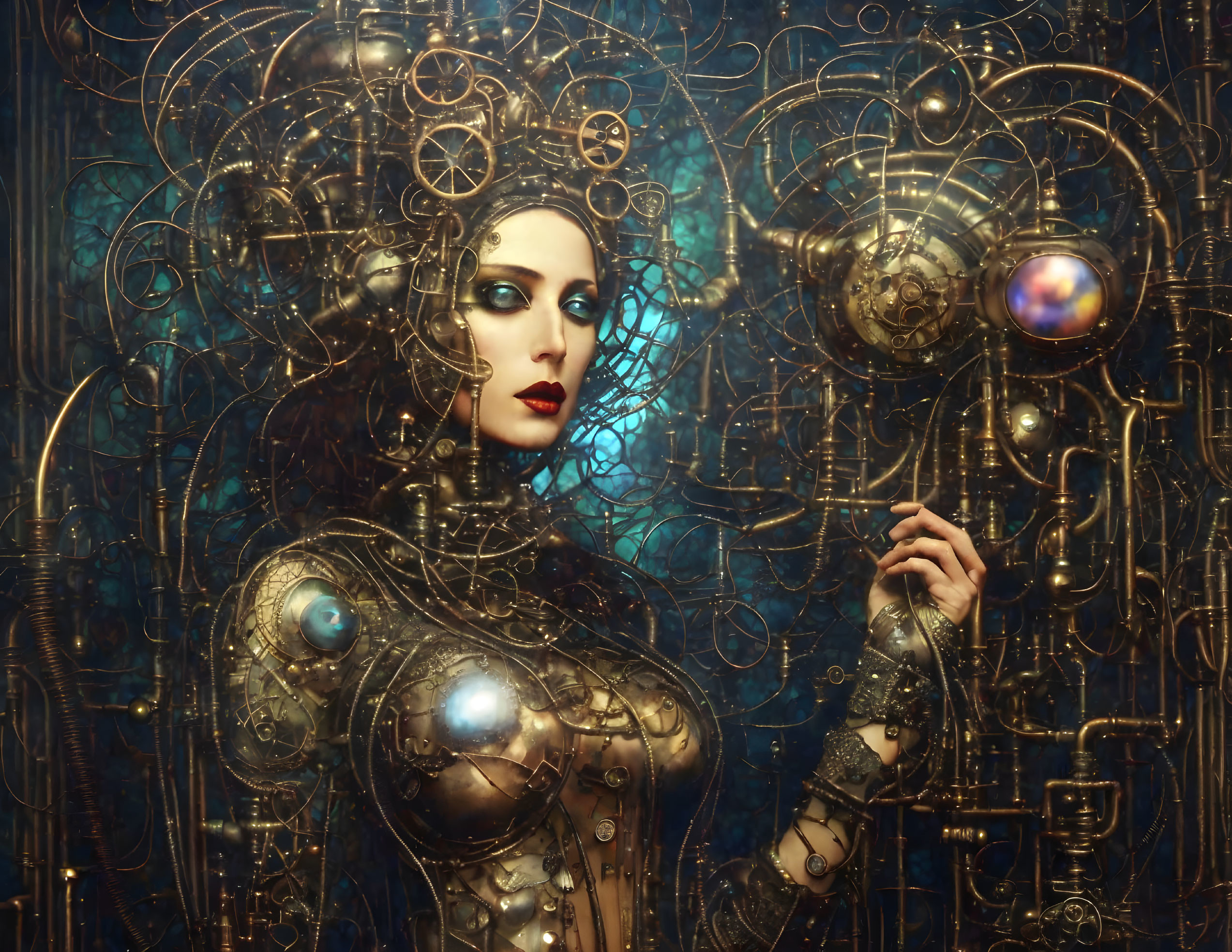 Female figure with glowing blue elements amid mechanical backdrop