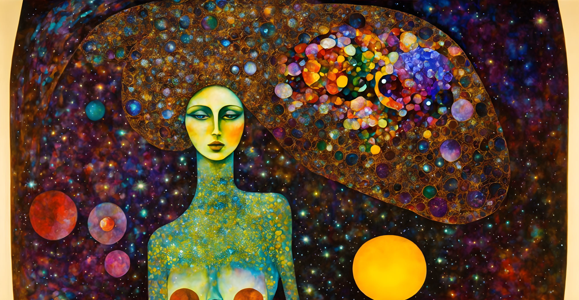 Vibrant cosmic painting featuring woman merging with starry space and planets