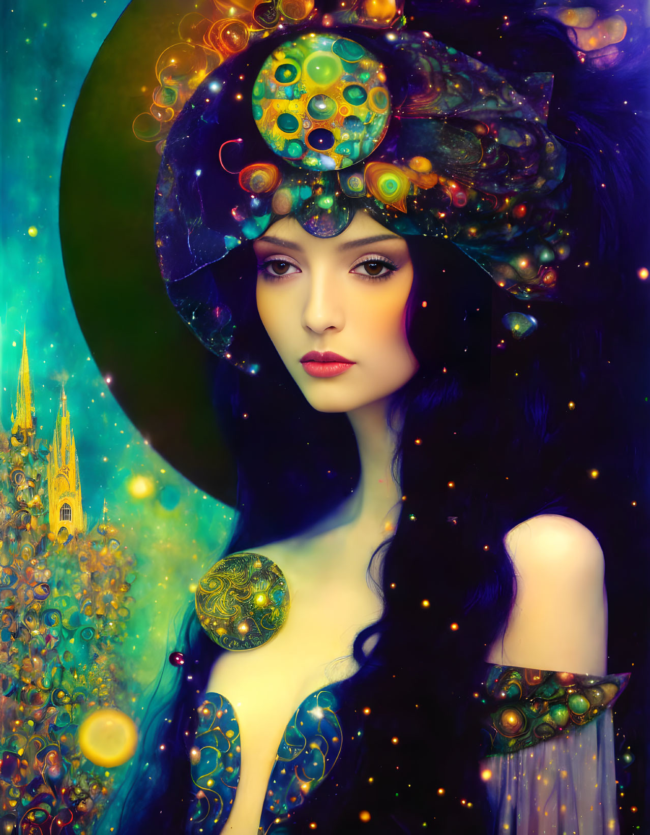 Cosmic-themed headdress on woman with surreal castle and celestial background