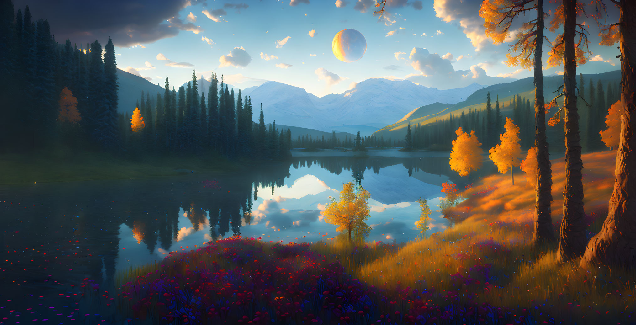 Vivid autumn landscape with lake, mountain, and moon.