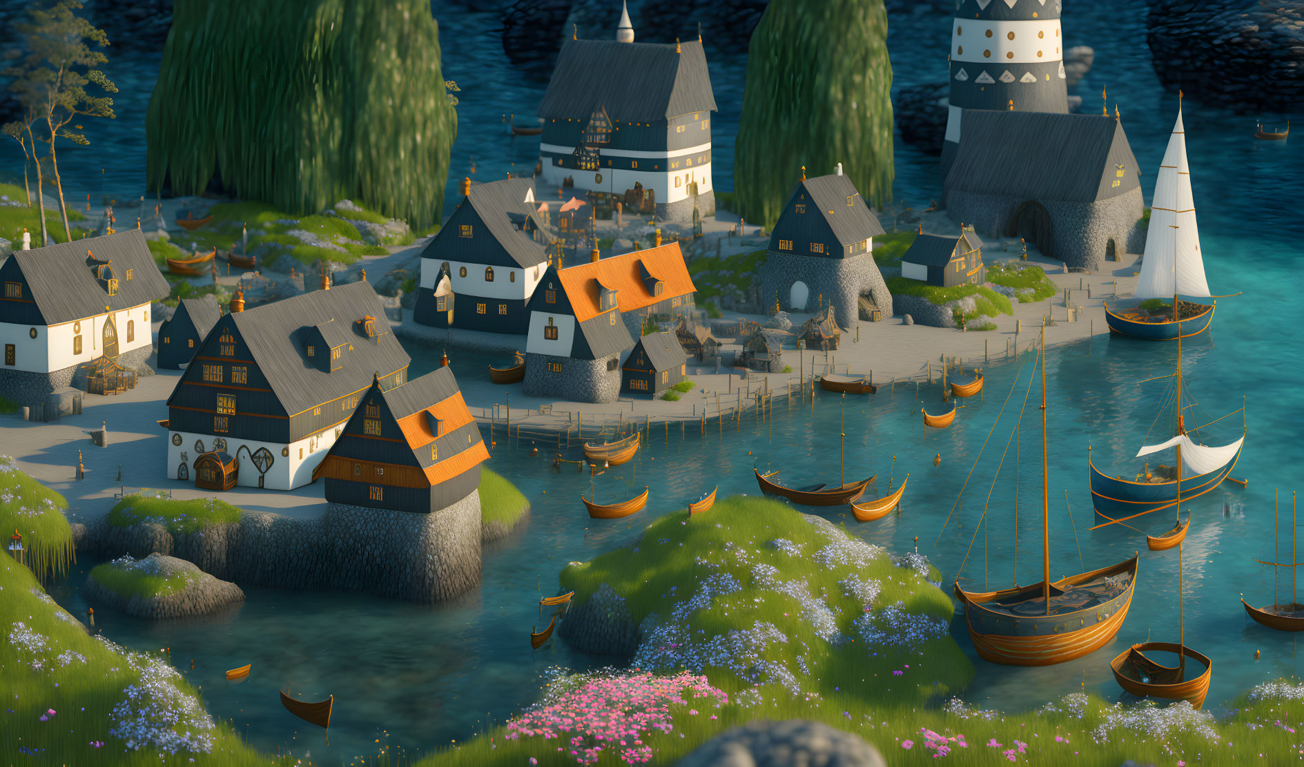 Traditional coastal village with windmill, boats, and verdant hills