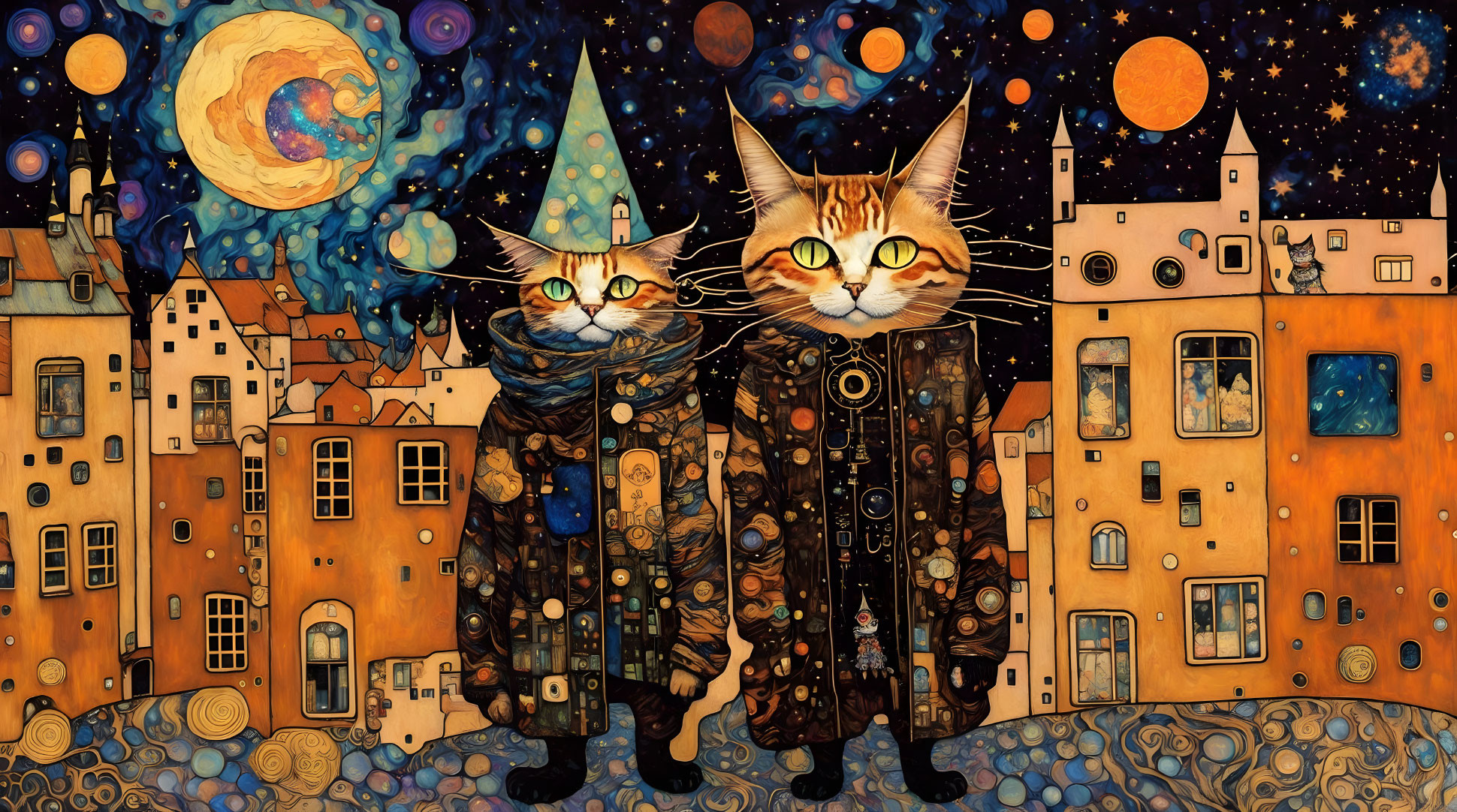 Whimsical cat characters in ornate robes in colorful townscape