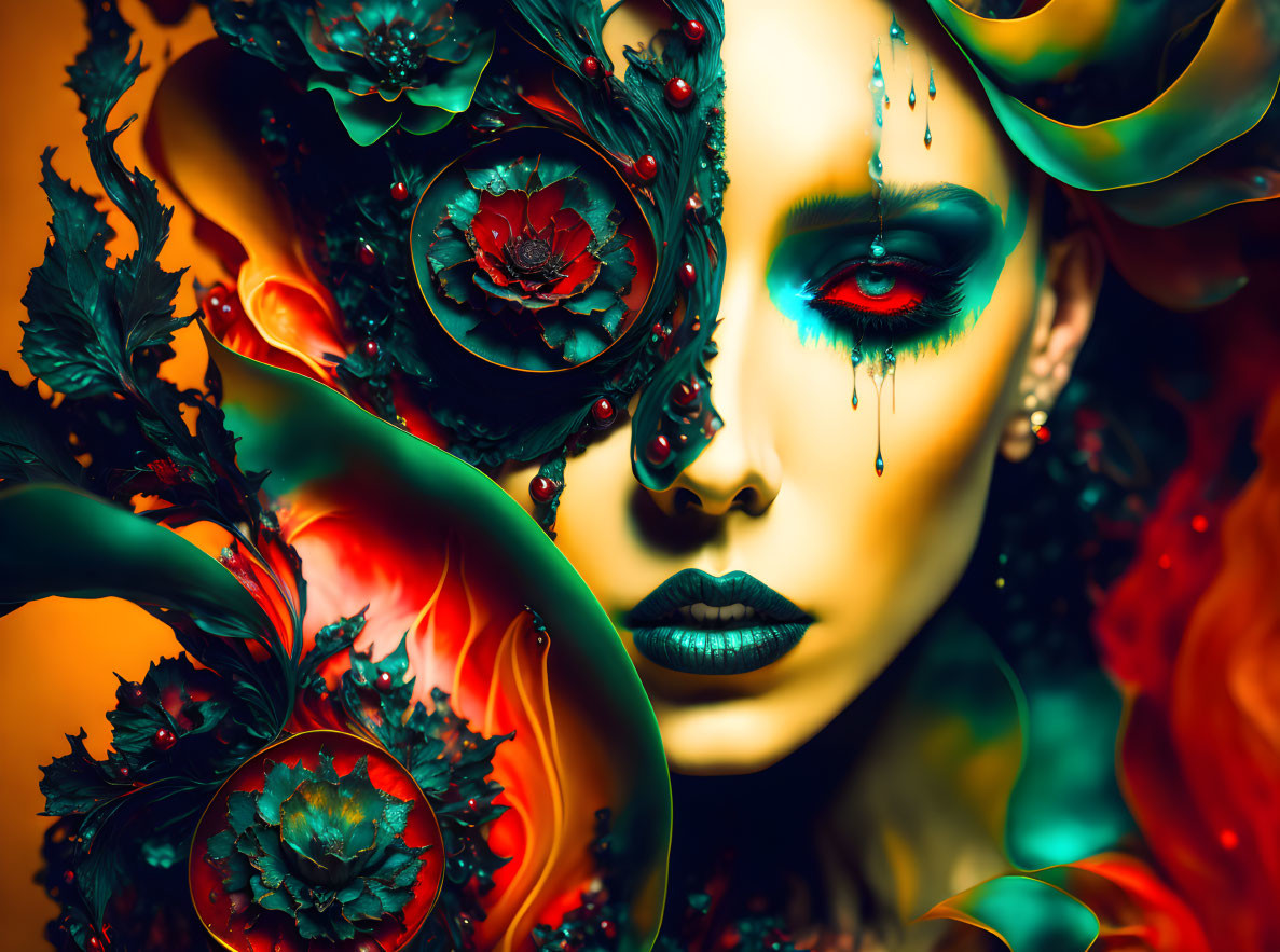 Colorful artistic image of person with elaborate makeup and fantasy floral elements