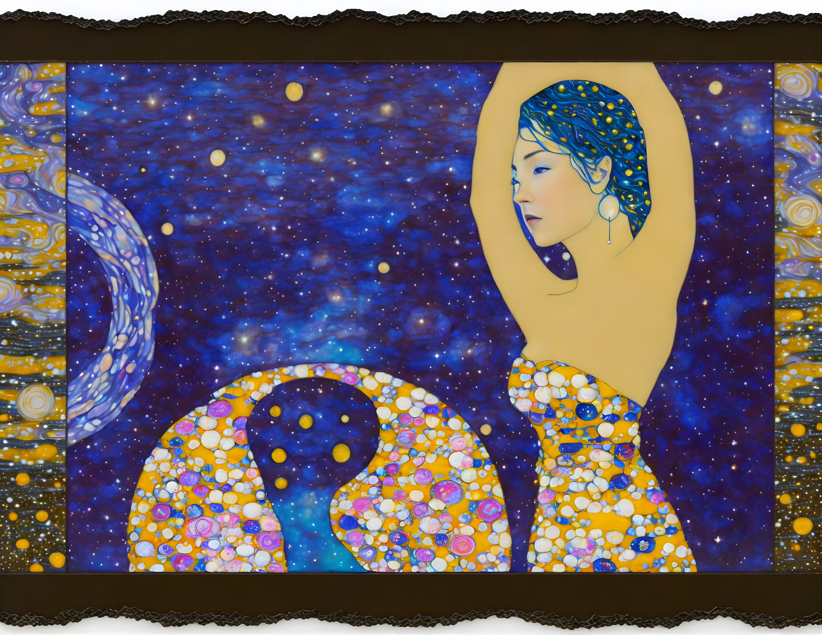 Stylized painting of woman with celestial elements and swirling patterns