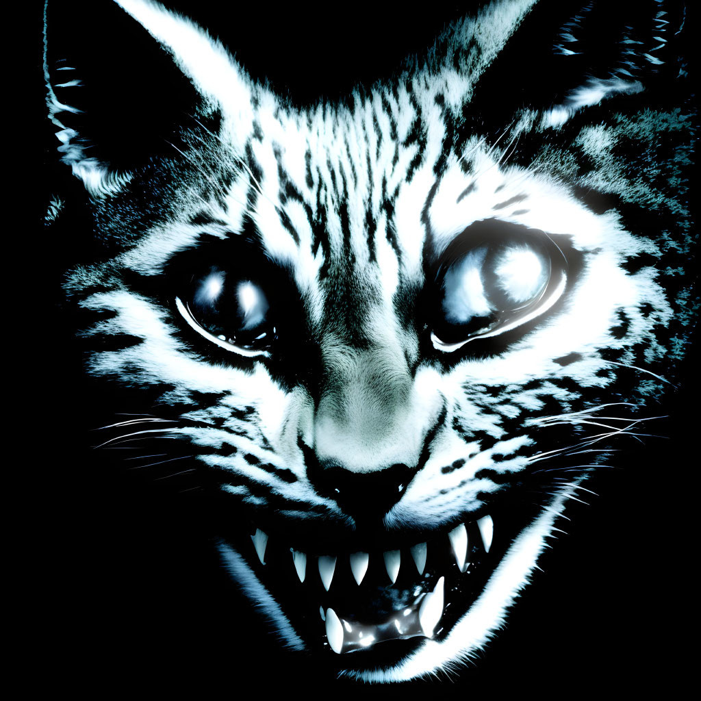 Detailed Stylized Graphic Illustration of Snarling Cat's Face
