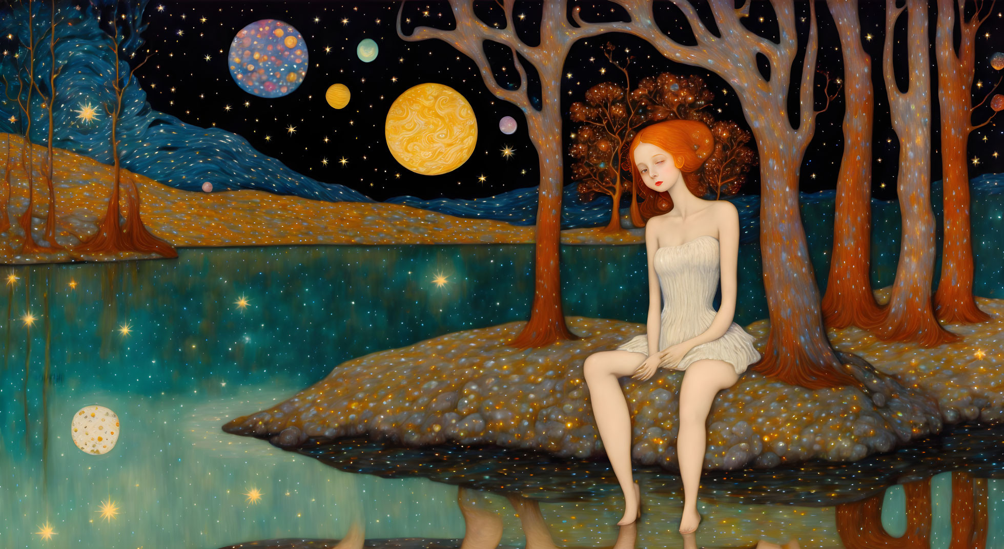 Whimsical art: Woman on rocky outcrop under starry sky