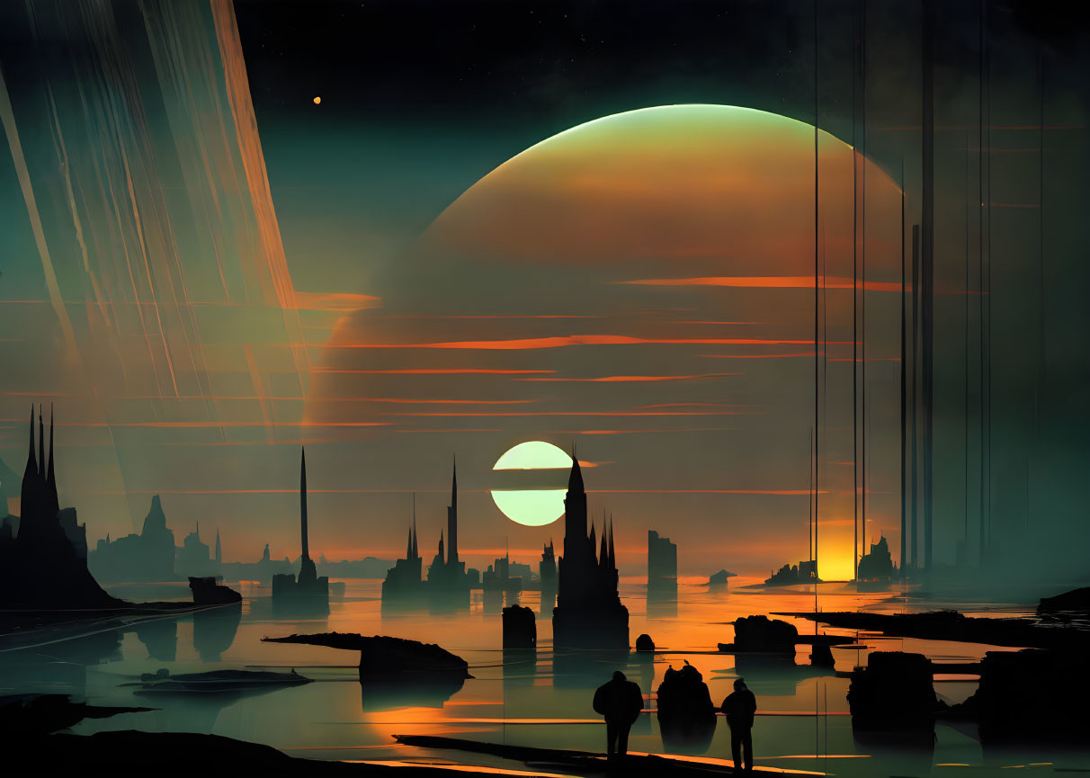 Futuristic cityscape at dusk with silhouetted figures and towering spires